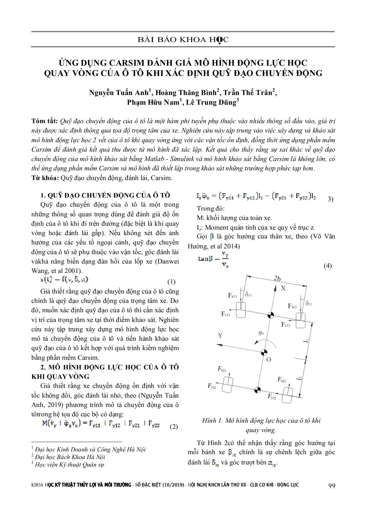 Ứng dụng carsim đánh giá mô hình động lực học quay vòng của ô tô khi xác định quỹ đạo chuyển động trang 1