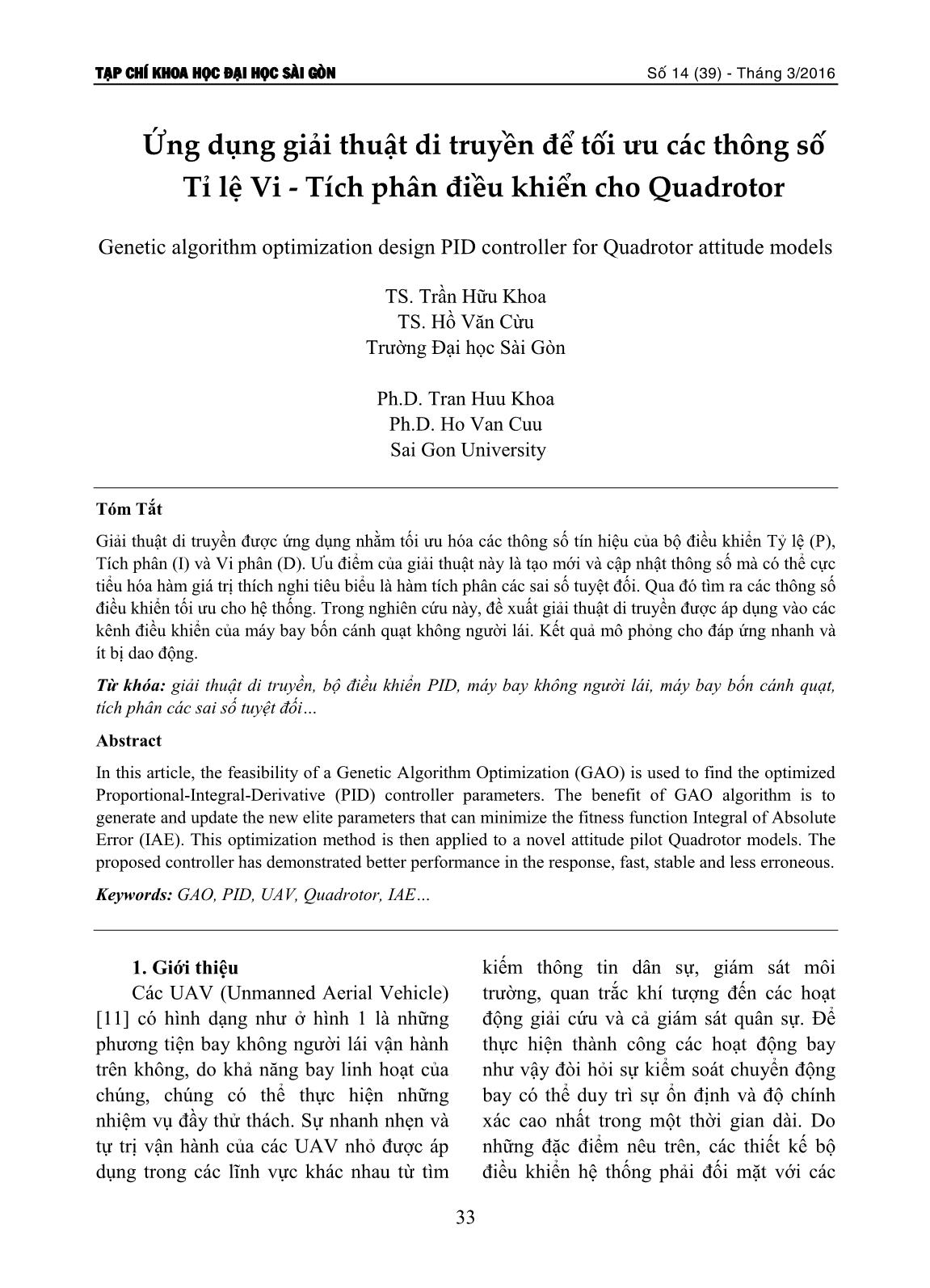 Ứng dụng giải thuật di truyền để tối ưu các thông số tỉ lệ vi - tích phân điều khiển cho Quadrotor trang 1