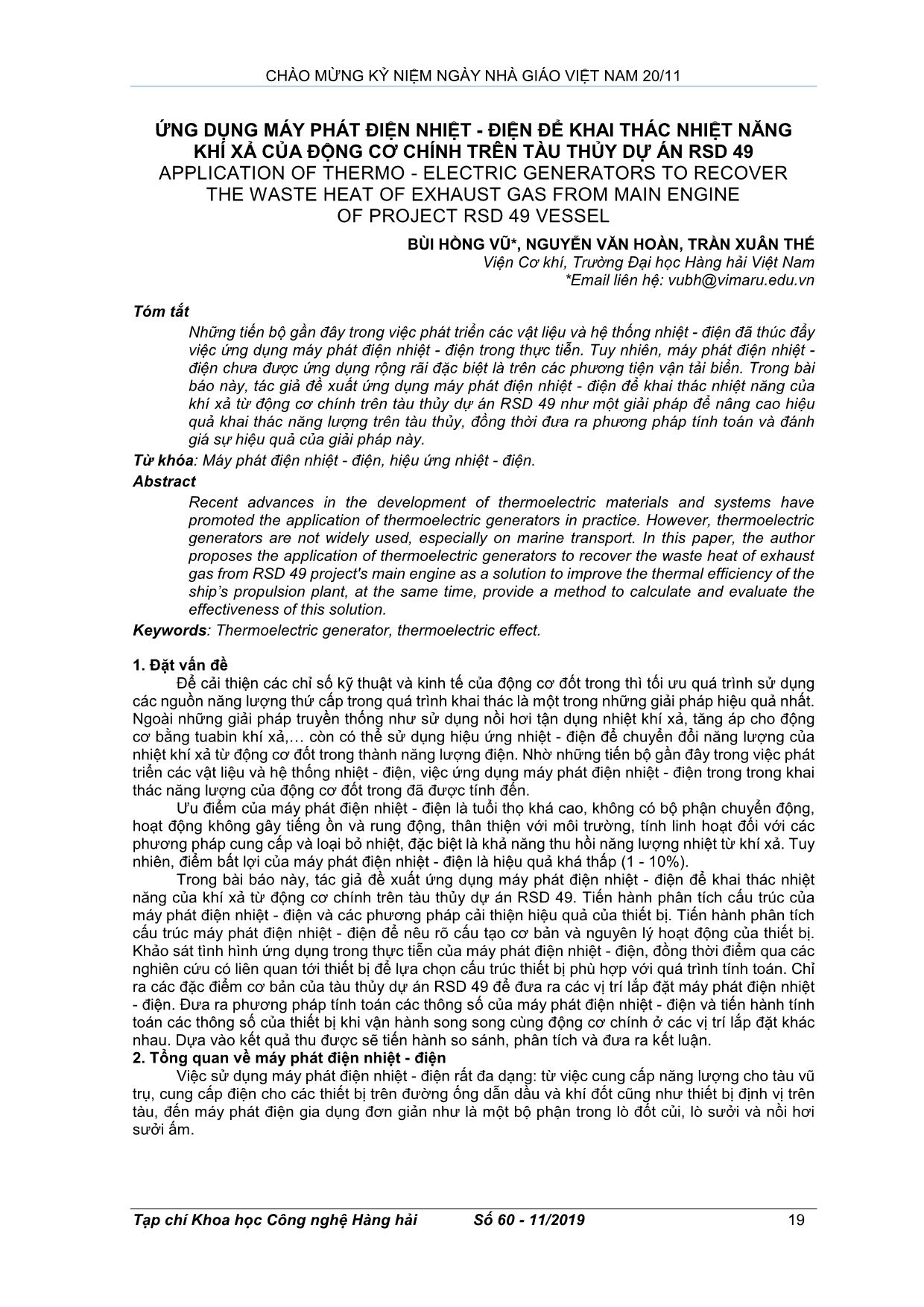 Ứng dụng máy phát điện nhiệt - điện để khai thác nhiệt năng khí xả của động cơ chính trên tàu thủy dự án RSD 49 trang 1