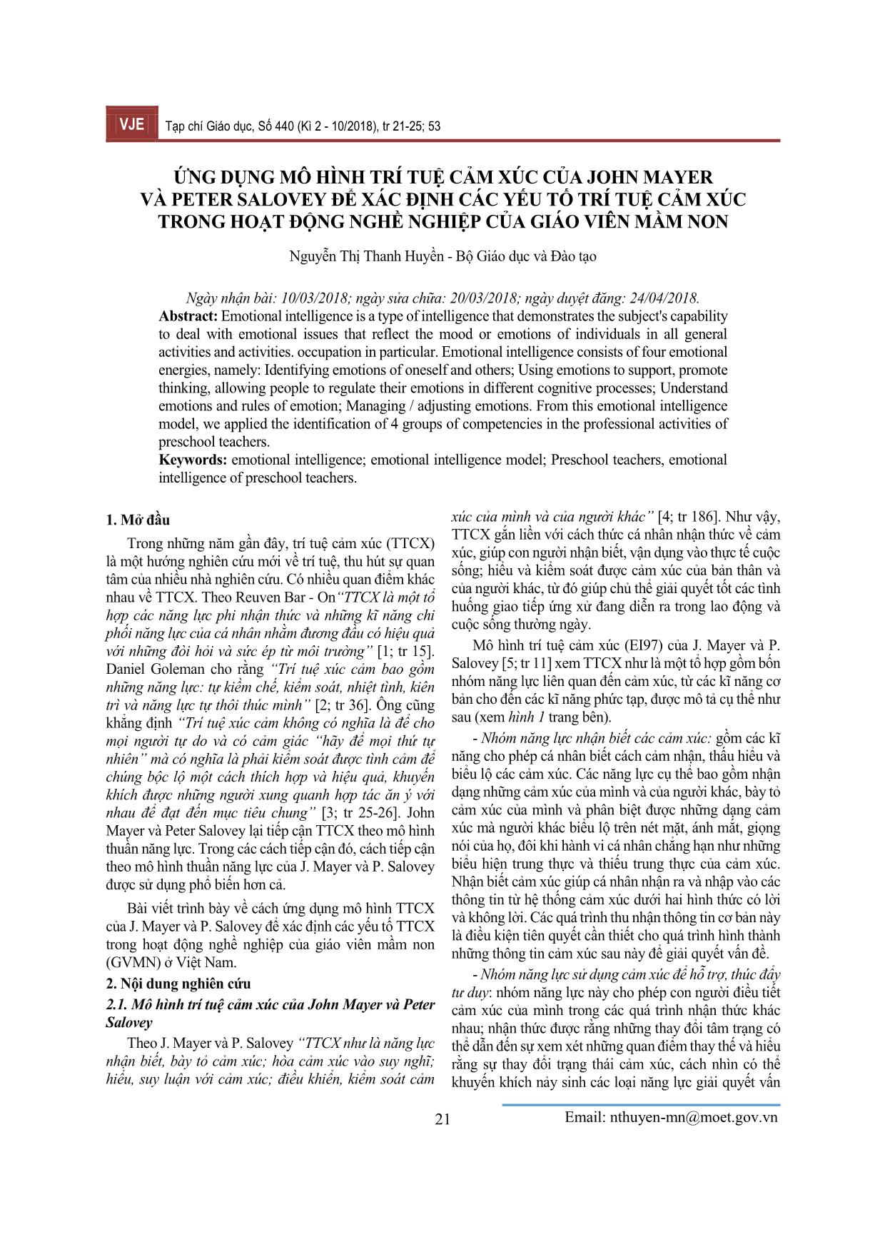 Ứng dụng mô hình trí tuệ cảm xúc của john mayer và peter salovey để xác định các yếu tố trí tuệ cảm xúc trong hoạt động nghề nghiệp của giáo viên mầm non trang 1