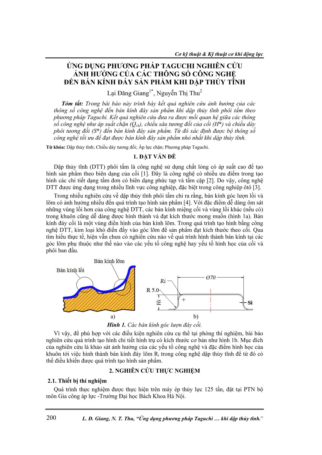 Ứng dụng phương pháp Taguchi nghiên cứu ảnh hưởng của các thông số công nghệ đến bán kính đáy sản phẩm khi dập thủy tĩnh trang 1
