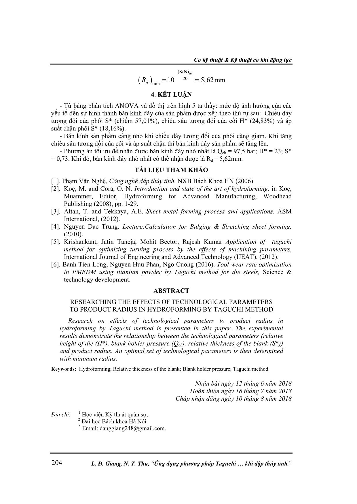 Ứng dụng phương pháp Taguchi nghiên cứu ảnh hưởng của các thông số công nghệ đến bán kính đáy sản phẩm khi dập thủy tĩnh trang 5