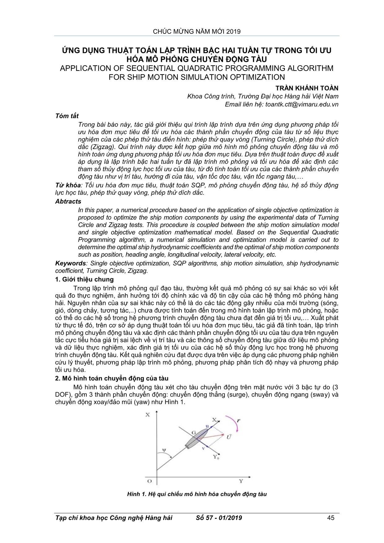 Ứng dụng thuật toán lập trình bậc hai tuần tự trong tối ưu hóa mô phỏng chuyển động tàu trang 1