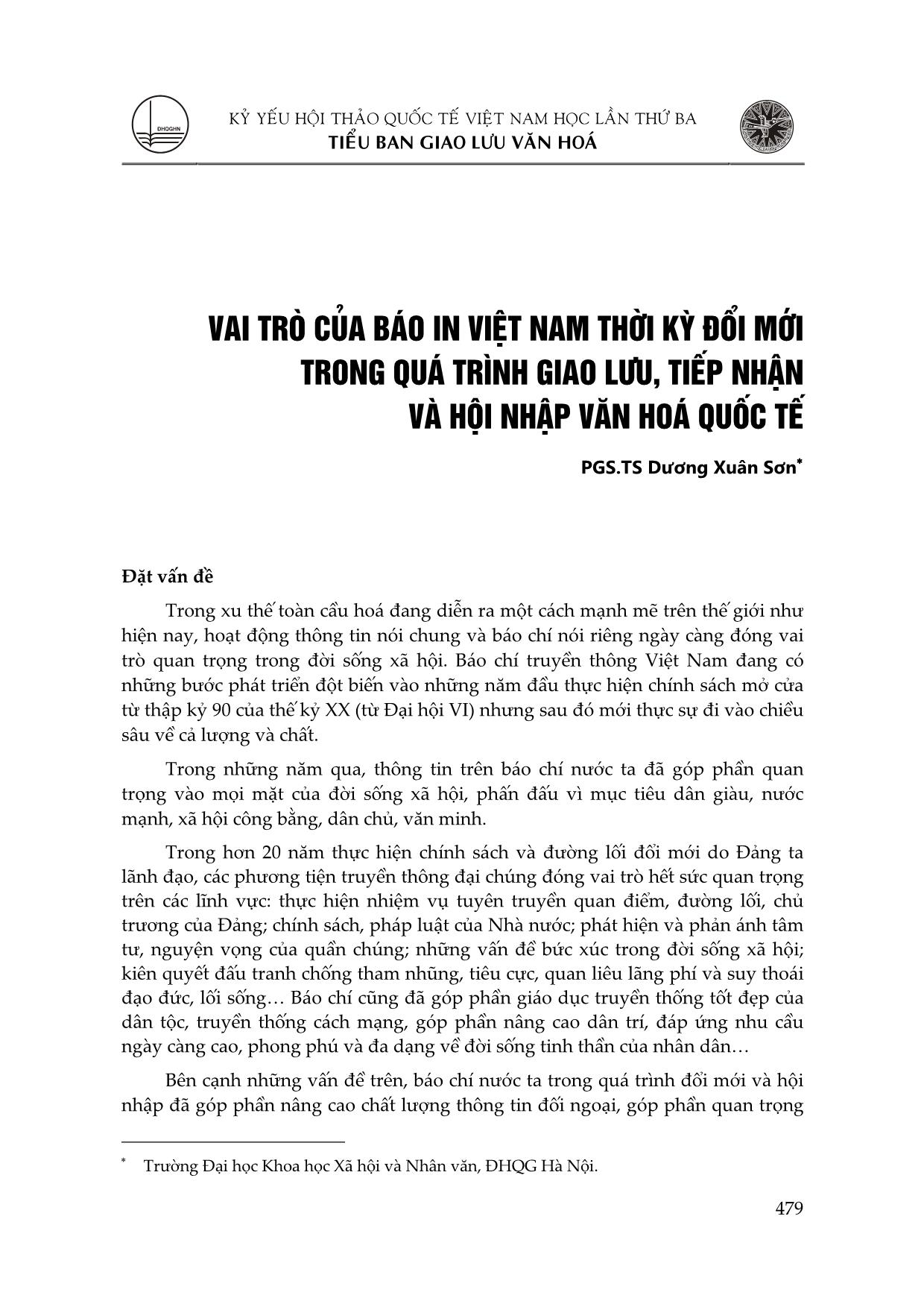 Vai trò của báo in Việt Nam thời kỳ đổi mới trong quá trình giao lưu, tiếp nhận và hội nhập văn hóa quốc tế trang 1