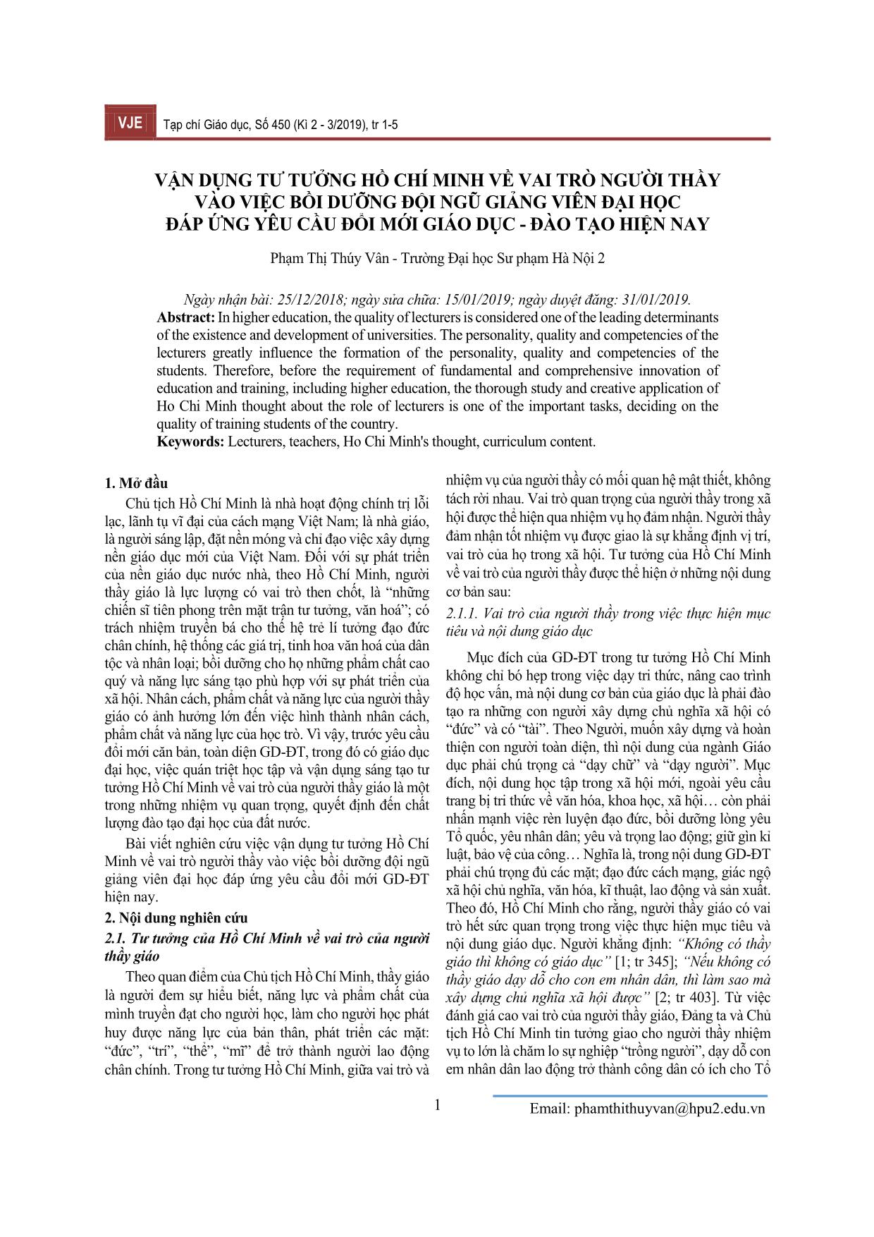 Vận dụng tư tưởng Hồ Chí Minh về vai trò người thầy vào việc bồi dưỡng đội ngũ giảng viên Đại học đáp ứng yêu cầu đổi mới giáo dục - đào tạo hiện nay trang 1