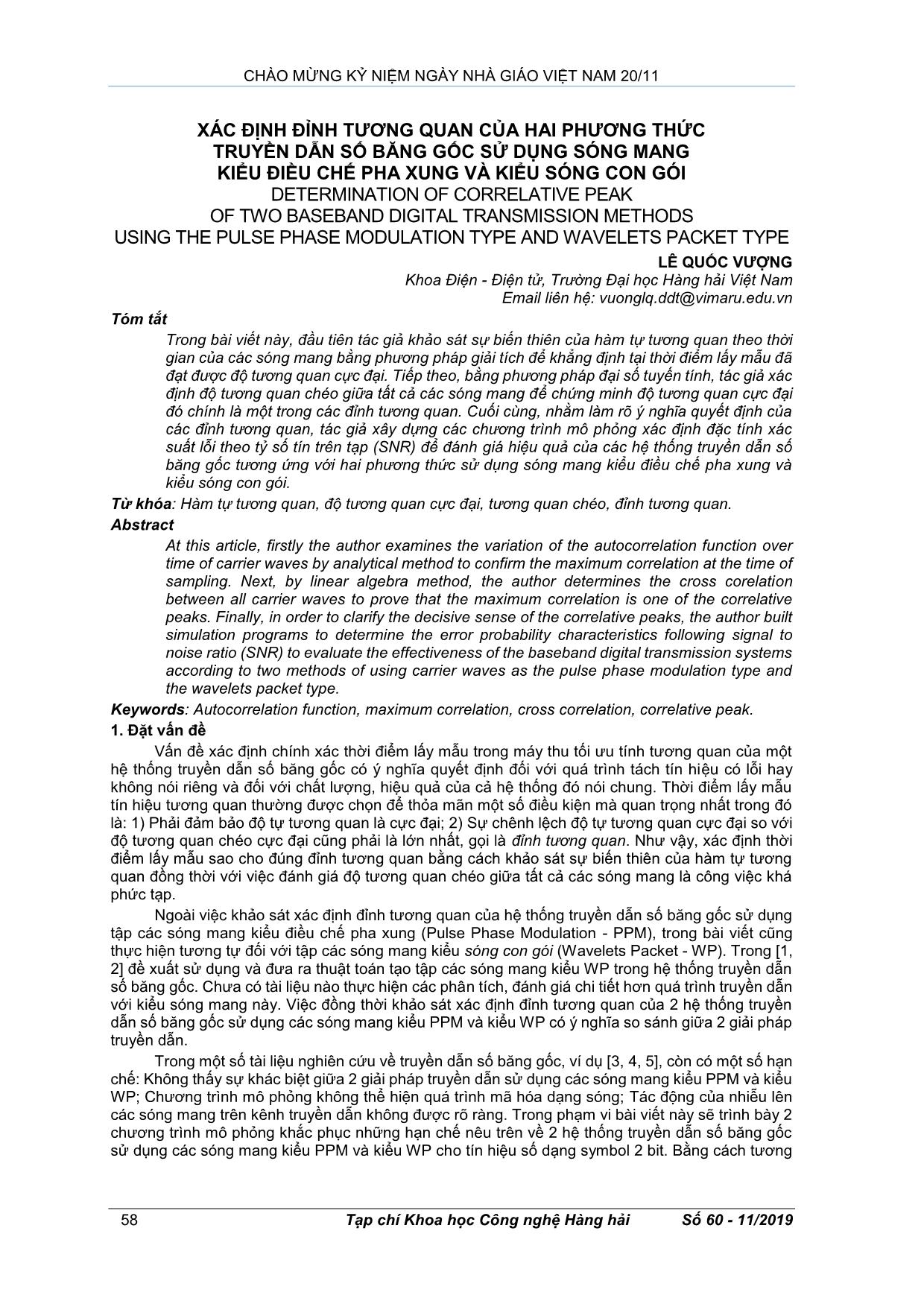 Xác định đỉnh tương quan của hai phương thức truyền dẫn số băng gốc sử dụng sóng mang kiểu điều chế pha xung và kiểu sóng con gói trang 1
