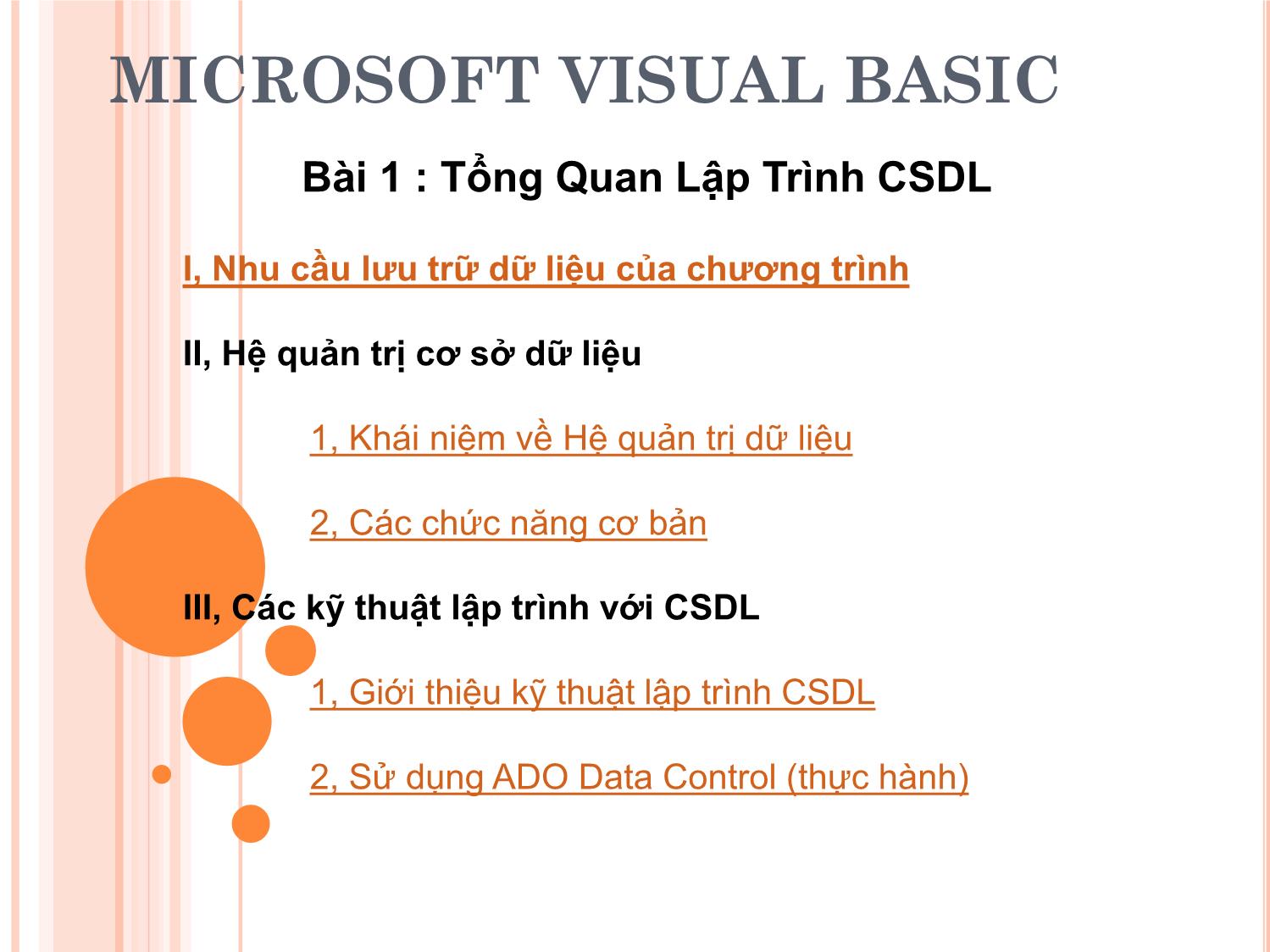 Bài giảng Microsoft Visual Basic - Bài 1: Tổng quan lập trình cơ sở dữ liệu trang 1