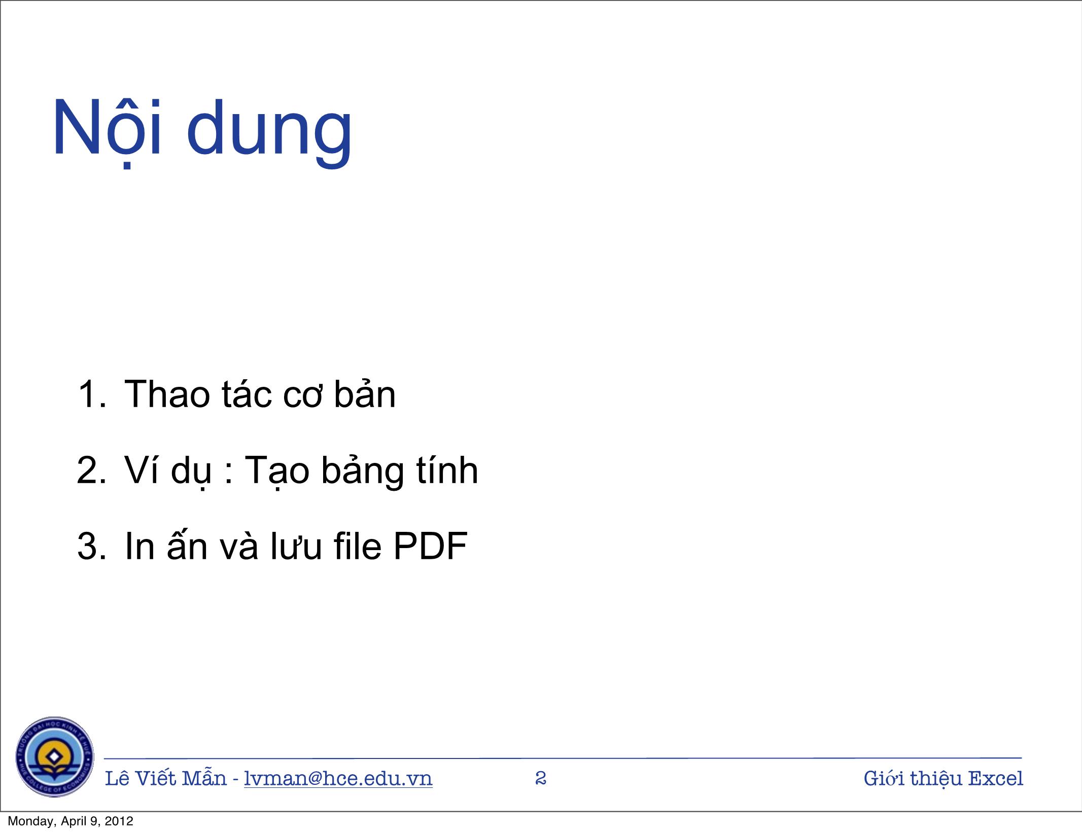 Bài giảng Tin học ứng dụng - Chương 8: Giới thiệu bảng tính điện tử Excel - Lê Viết Mẫn trang 2