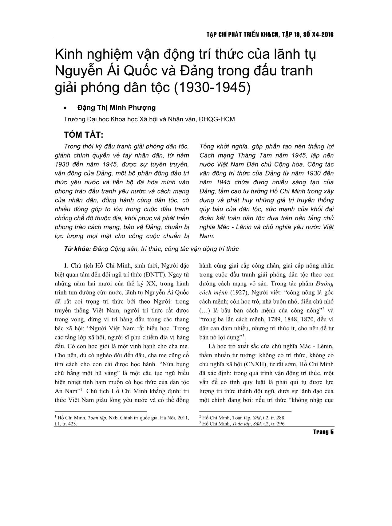 Kinh nghiệm vận động trí thức của lãnh tụ Nguyễn Ái Quốc và Đảng trong đấu tranh giải phóng dân tộc (1930-1945) trang 1