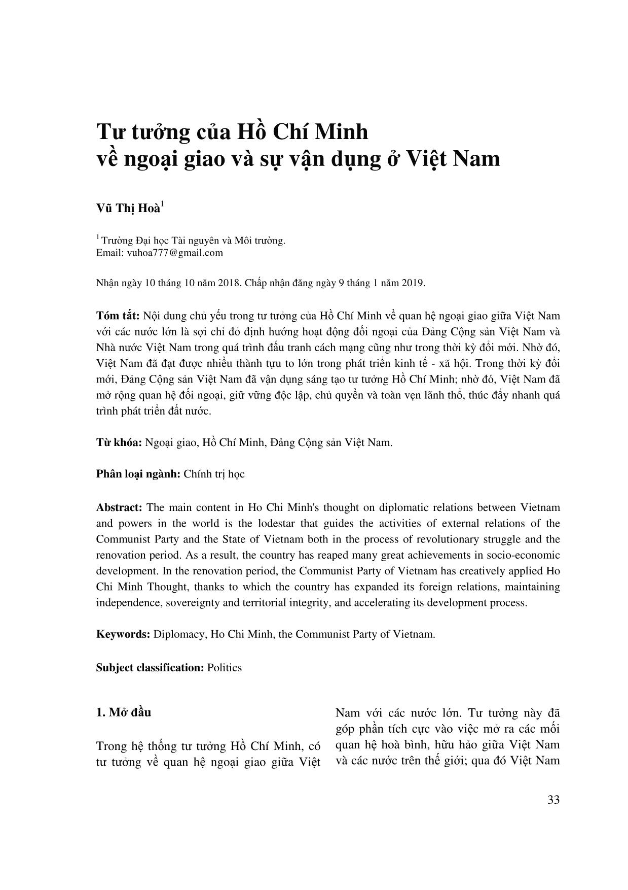 Tư tưởng của Hồ Chí Minh về ngoại giao và sự vận dụng ở Việt Nam trang 1