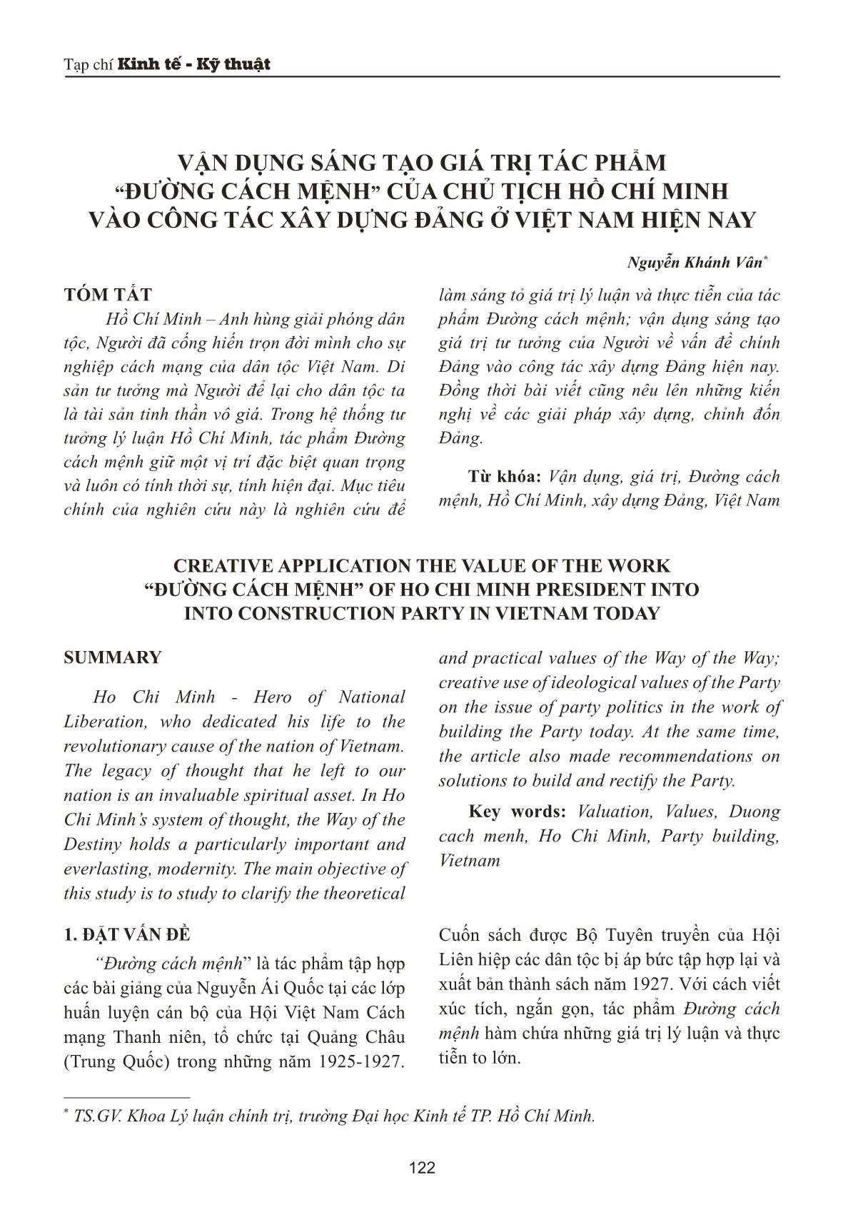 Vận dụng sáng tạo giá trị tác phẩm “Đường cách mệnh” của chủ tịch Hồ Chí Minh vào công tác xây dựng đảng ở Việt Nam hiện nay trang 1