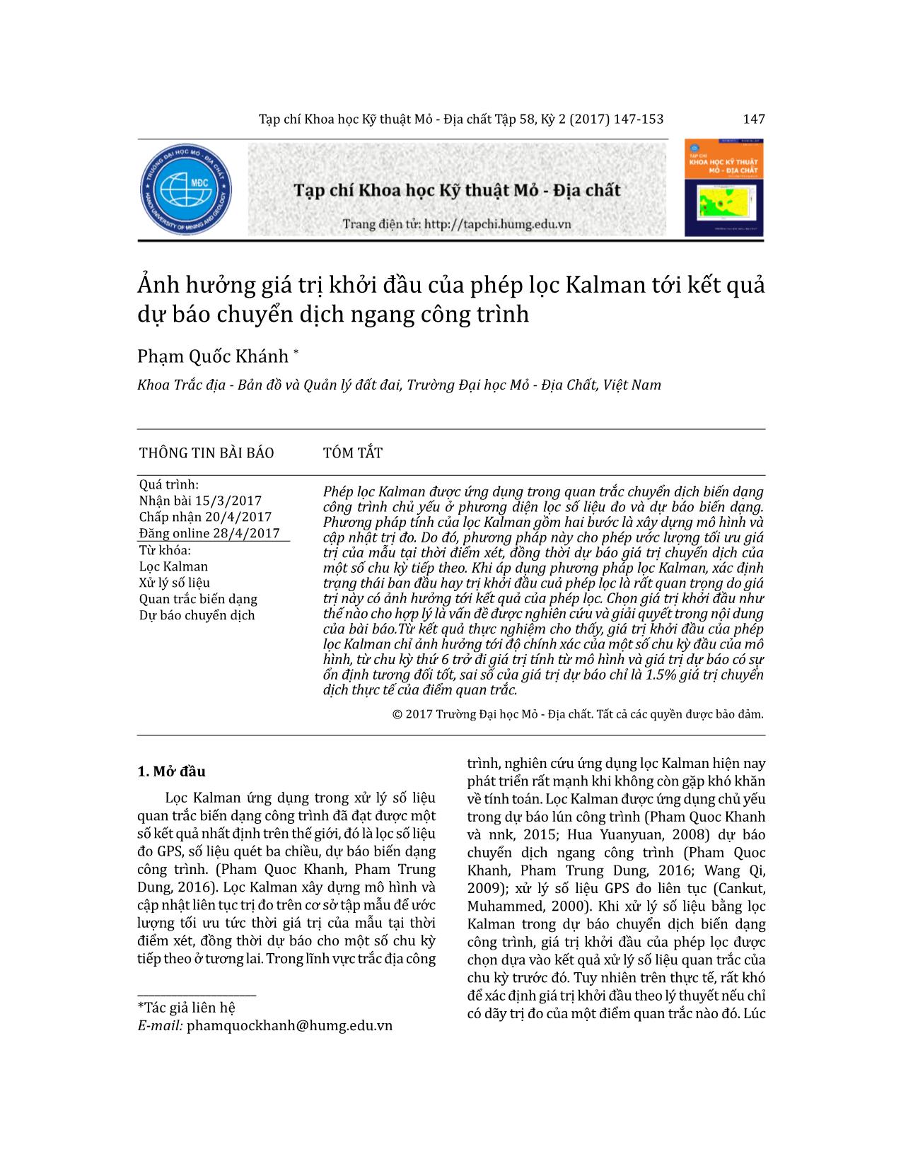 Ảnh hưởng giá trị khởi đầu của phép lọc Kalman tới kết quả dự báo chuyển dịch ngang công trình trang 1