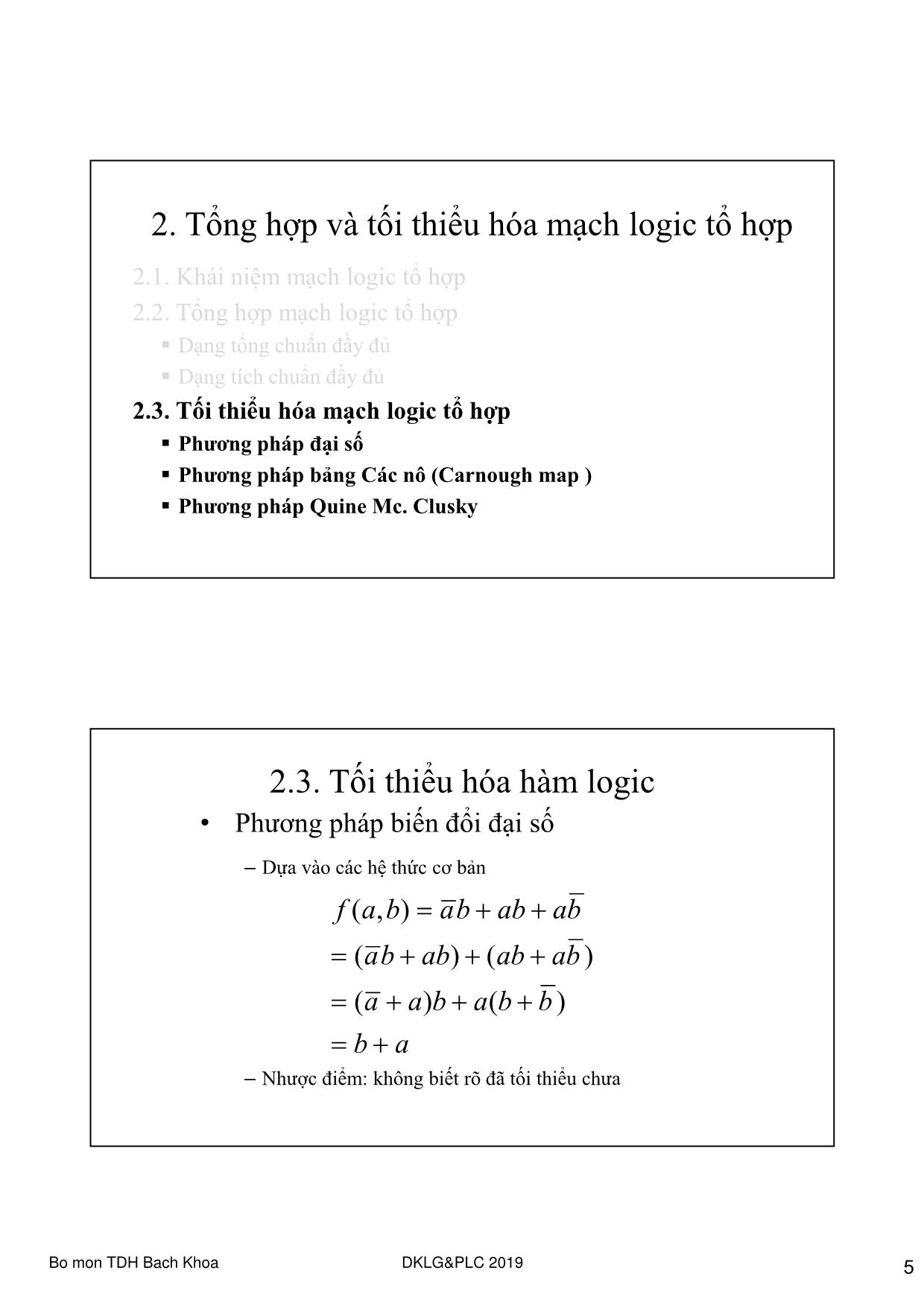 Bài giảng Điều khiển Logic và PLC - Chương 2: Tổng hợp và tối thiểu hóa mạch logic tổ hợp trang 5