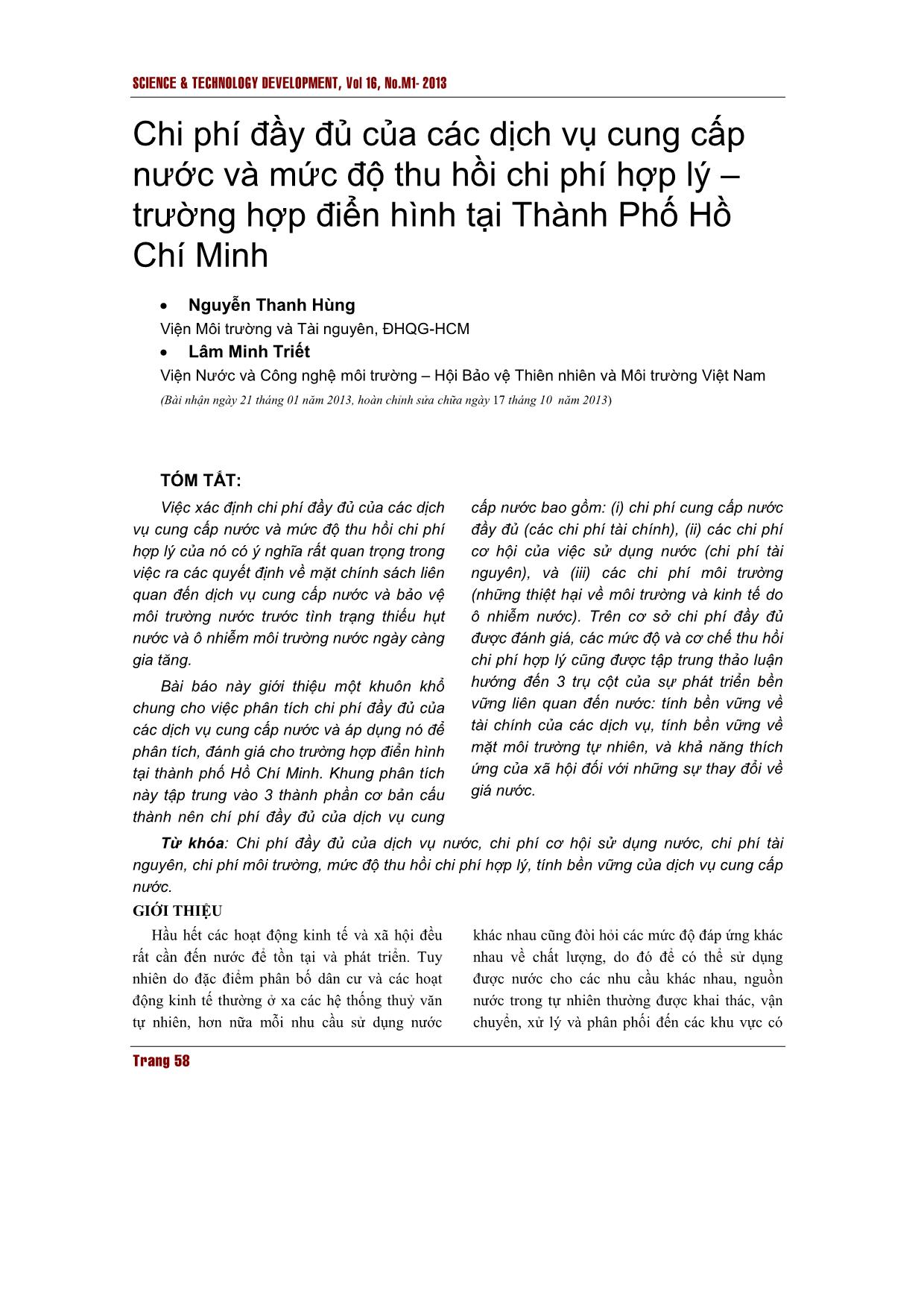 Chi phí đầy đủ của các dịch vụ cung cấp nước và mức độ thu hồi chi phí hợp lý – trường hợp điển hình tại Thành Phố Hồ Chí Minh trang 1