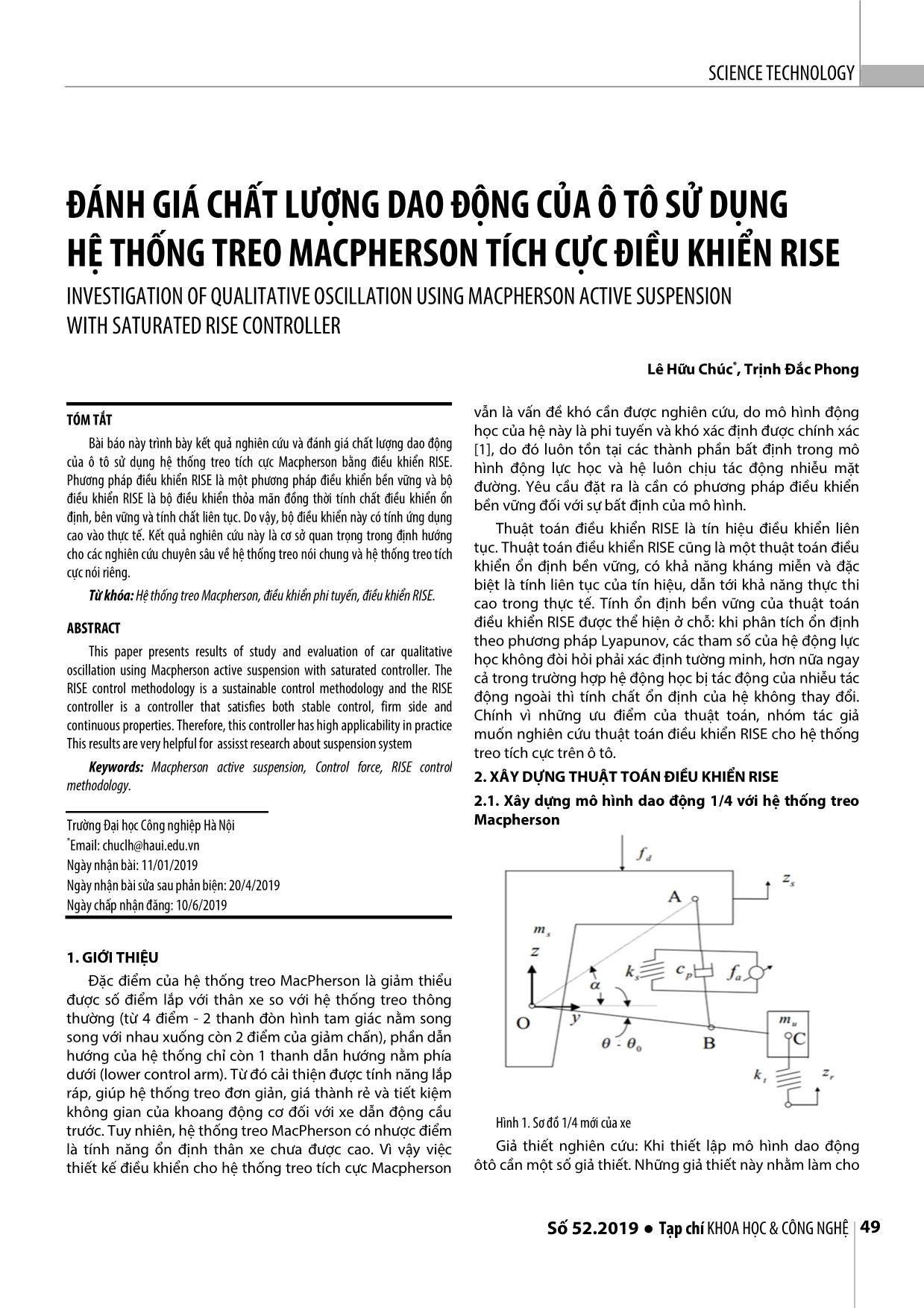Đánh giá chất lượng dao động của ô tô sử dụng hệ thống treo macpherson tích cực điều khiển Rise trang 1