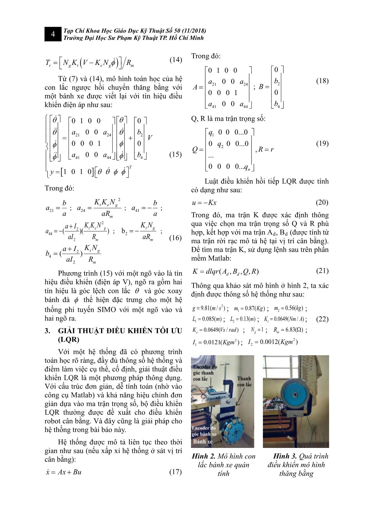 Điều khiển hệ con lắc ngược bánh xe quán tính sử dụng giải thuật điều khiển LQR: Mô phỏng và thực nghiệm trang 4