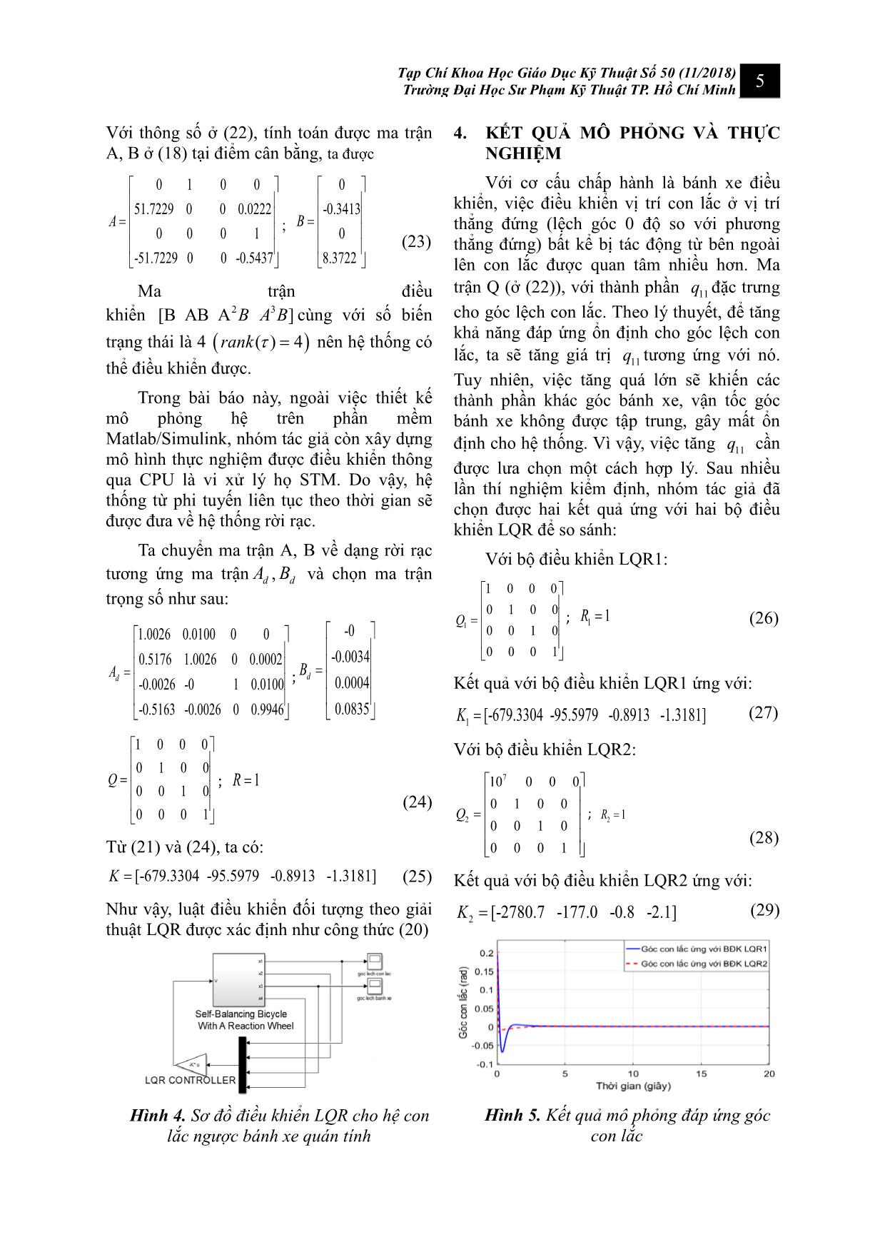 Điều khiển hệ con lắc ngược bánh xe quán tính sử dụng giải thuật điều khiển LQR: Mô phỏng và thực nghiệm trang 5
