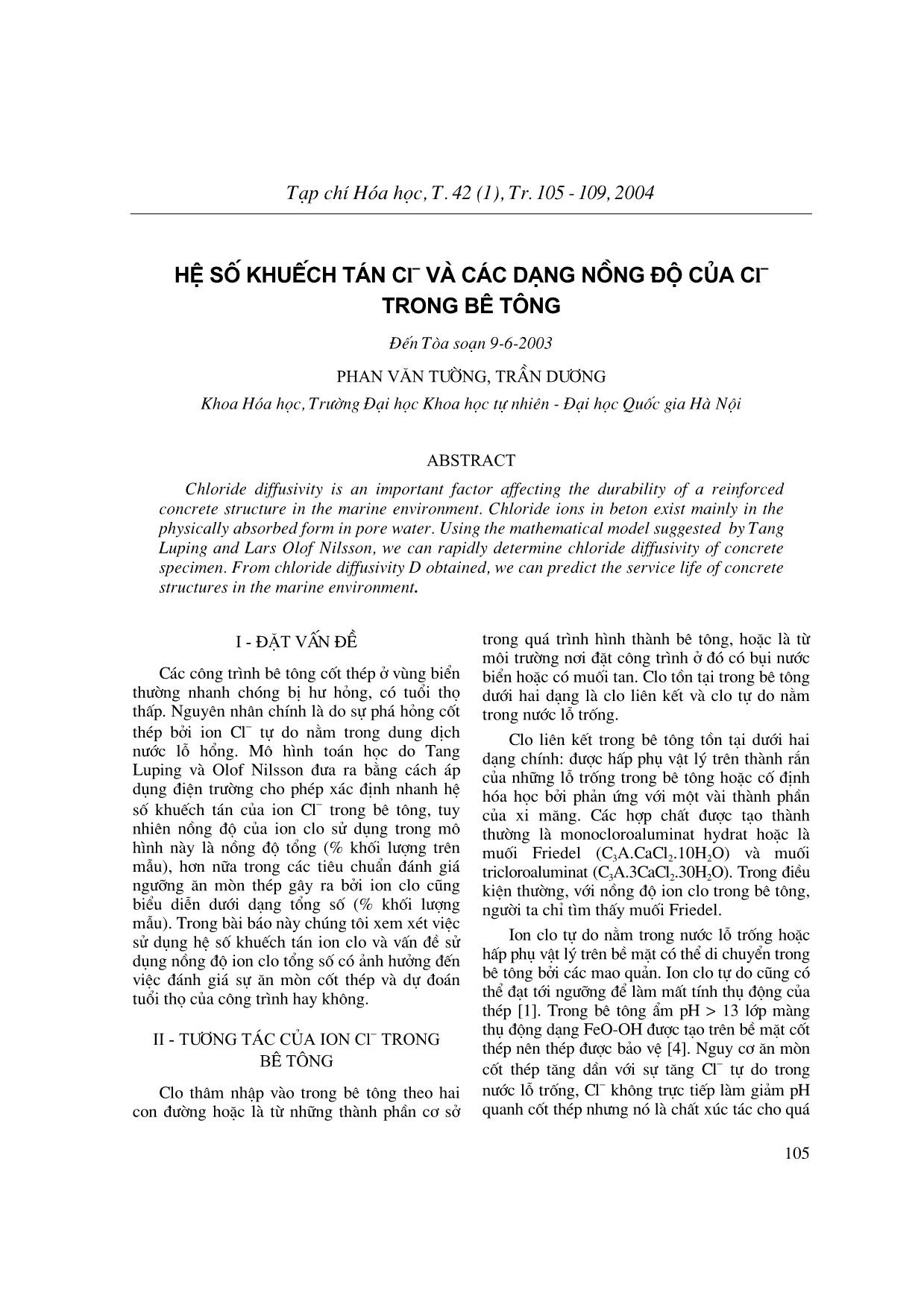 Hệ số khuếch tán Cl và các dạng nồng độ của Cl trong bê tông trang 1