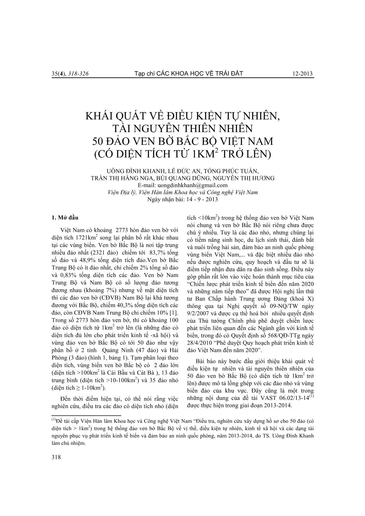 Khái quát về điều kiện tự nhiên, tài nguyên thiên nhiên 50 đảo ven bờ Bắc Bộ Việt Nam (có diện tích từ 1km2 trở lên) trang 1