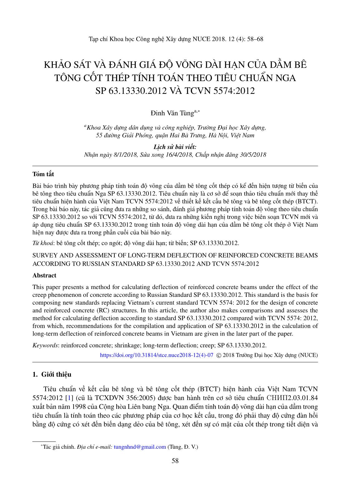 Khảo sát và đánh giá độ võng dài hạn của dầm bê tông cốt thép tính toán theo tiêu chuẩn nga SP 63.13330.2012 và TCVN 5574:2012 trang 1