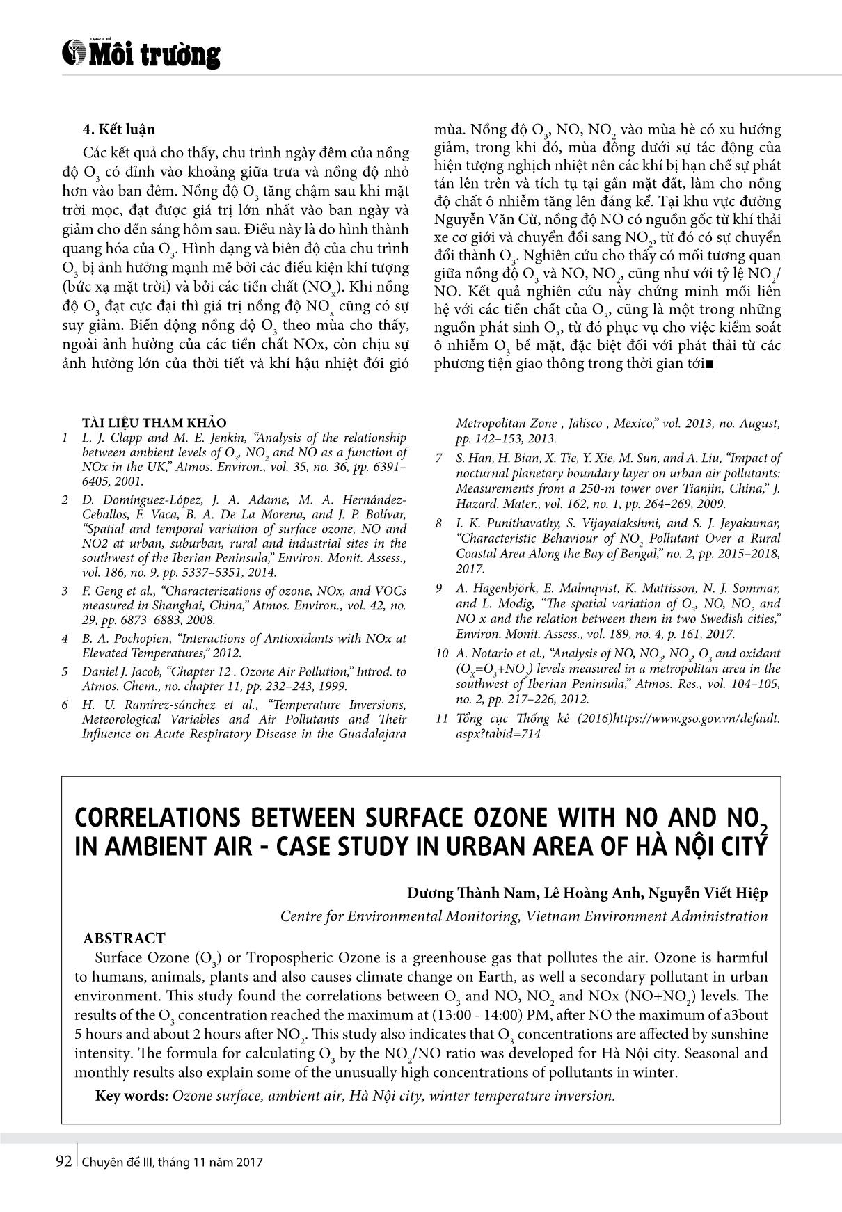 Mối quan hệ giữa ôzôn tầng mặt với NO, NO2 trong không khí xung quanh - Thực nghiệm tại khu vực đô thị của Hà Nội trang 5