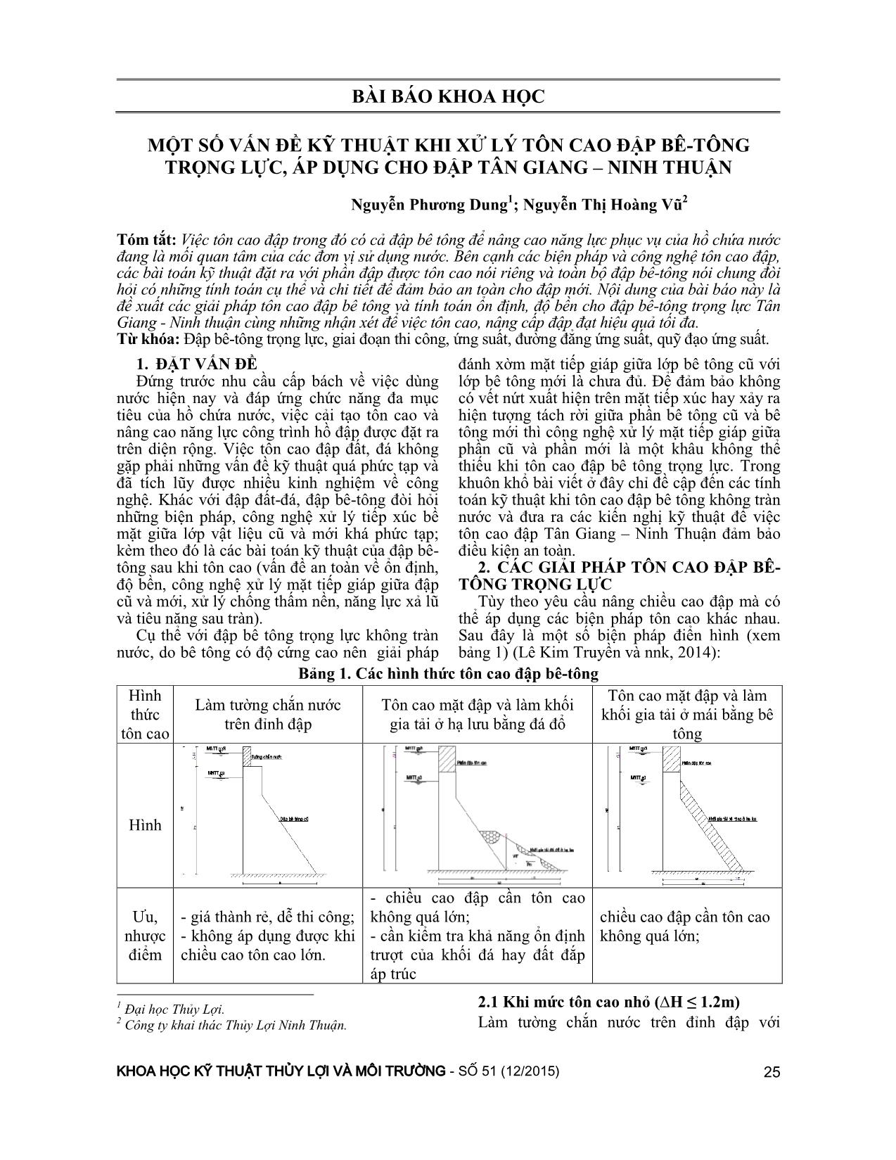 Một số vấn đề kỹ thuật khi xử lý tôn cao đập bê-tông trọng lực, áp dụng cho đập Tân Giang – Ninh Thuận trang 1