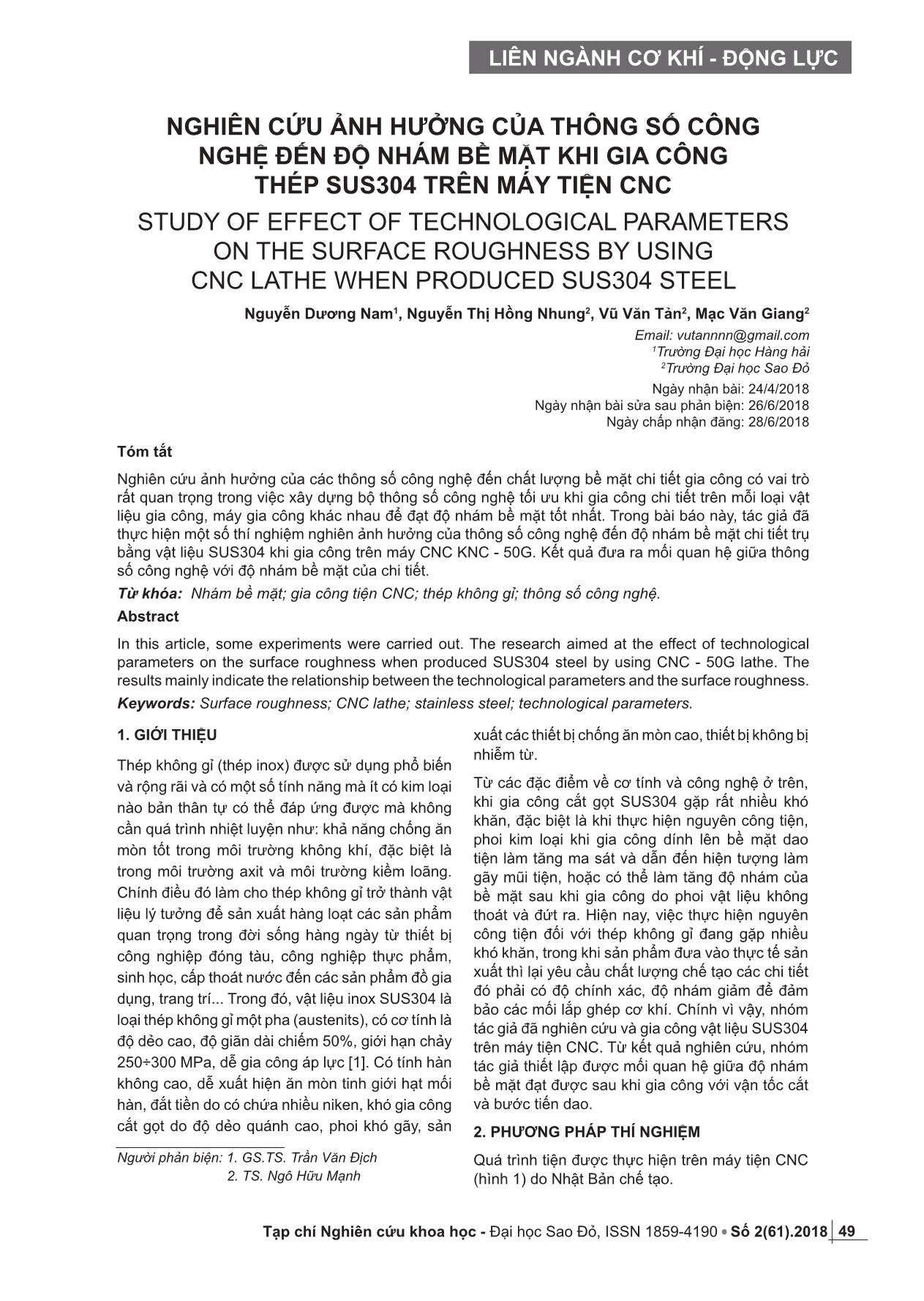 Nghiên cứu ảnh hưởng của thông số công nghệ đến độ nhám bề mặt khi gia công thép SUS304 trên máy tiện CNC trang 1