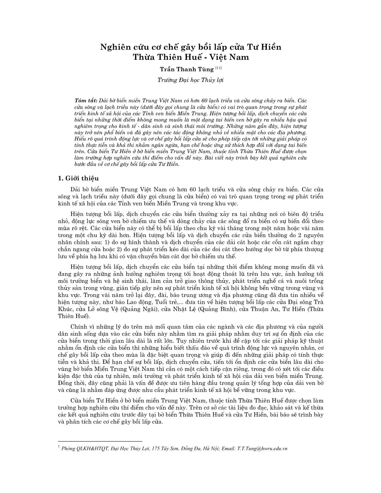 Nghiên cứu cơ chế gây bồi lấp cửa Tư Hiền Thừa Thiên Huế - Việt Nam trang 1