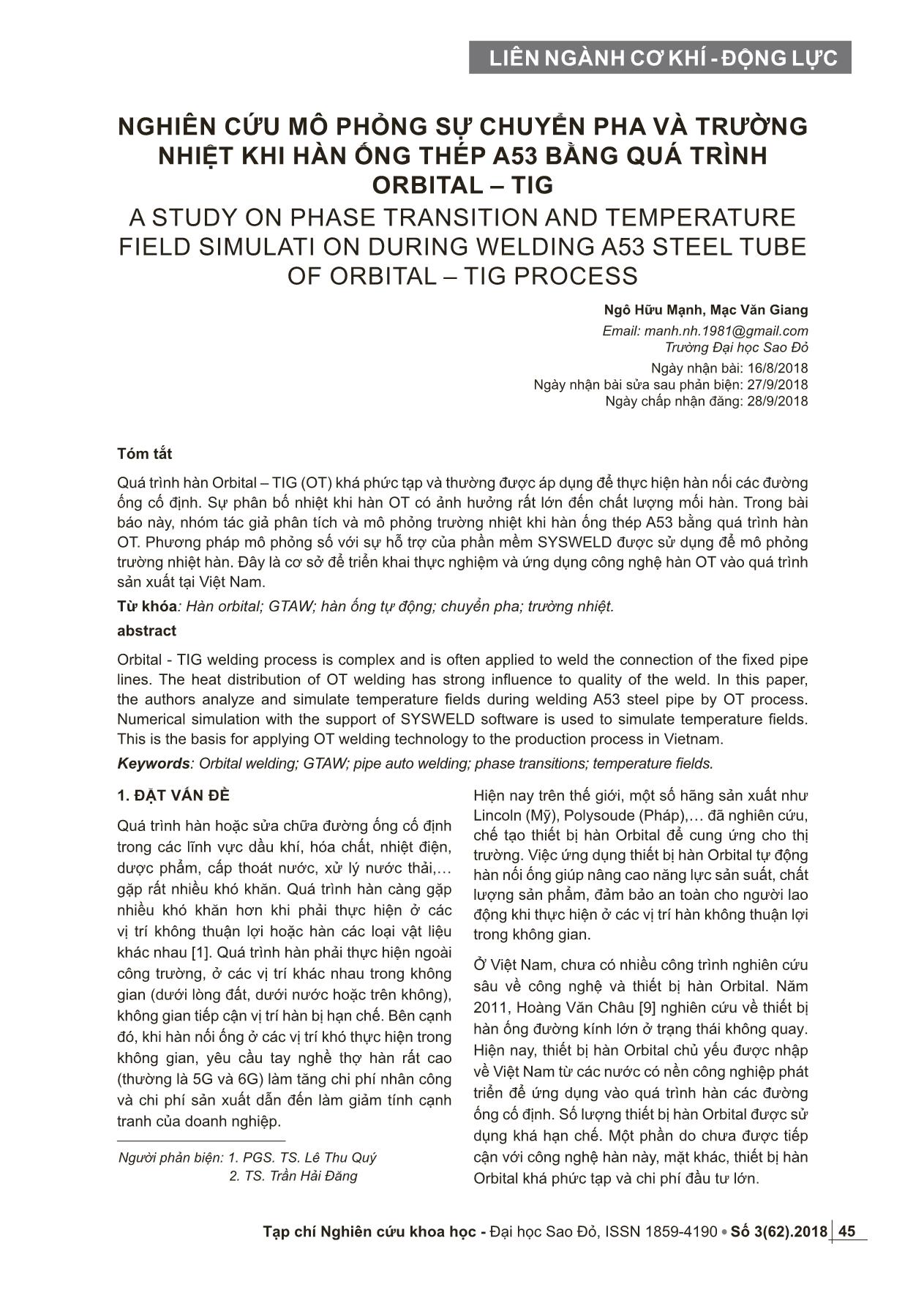 Nghiên cứu mô phỏng sự chuyển pha và trường nhiệt khi hàn ống thép A53 bằng quá trình Orbital – TIG trang 1