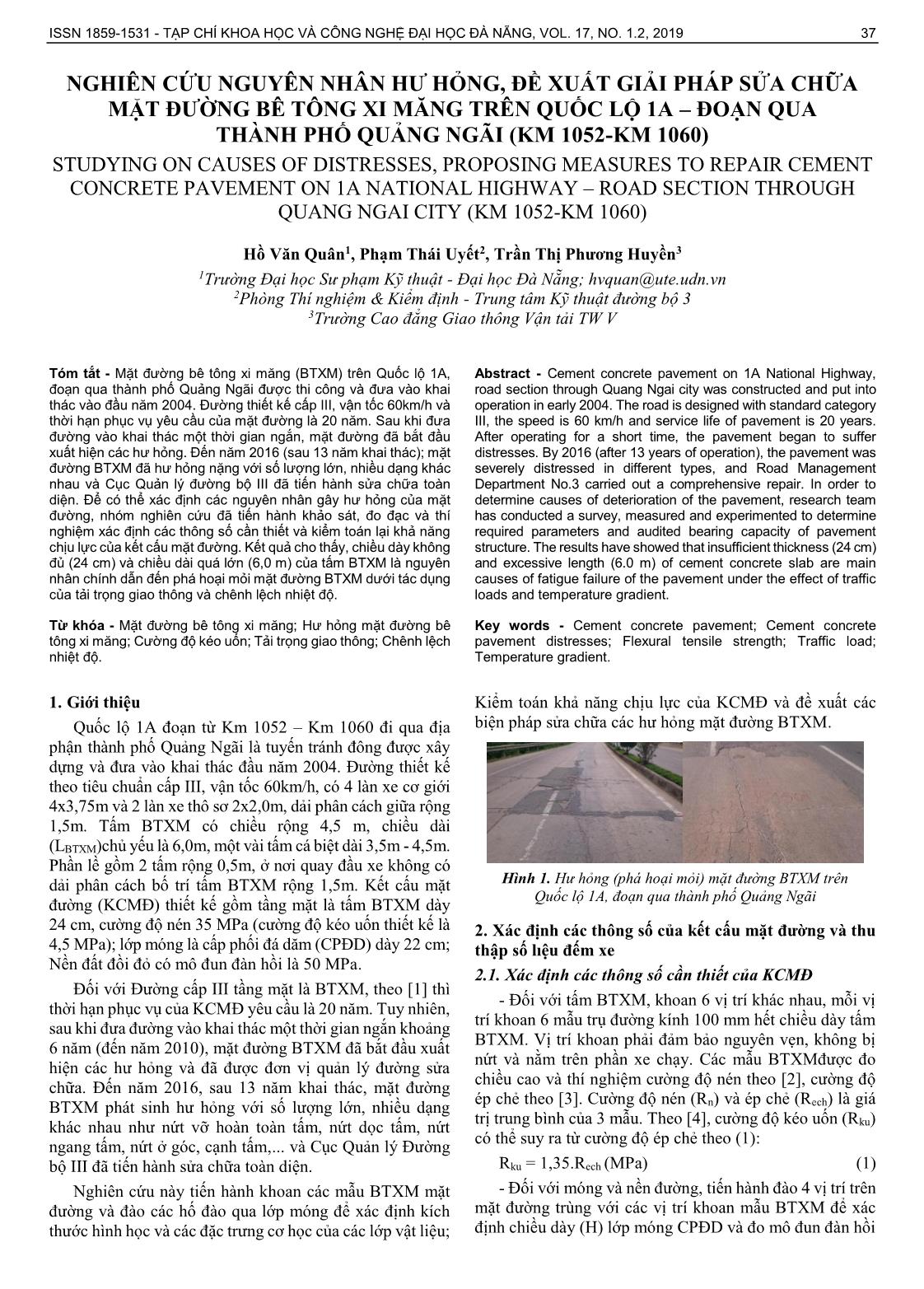 Nghiên cứu nguyên nhân hư hỏng, đề xuất giải pháp sửa chữa mặt đường bê tông xi măng trên quốc lộ 1A – đoạn qua thành phố Quảng Ngãi (km 1052-km 1060) trang 1