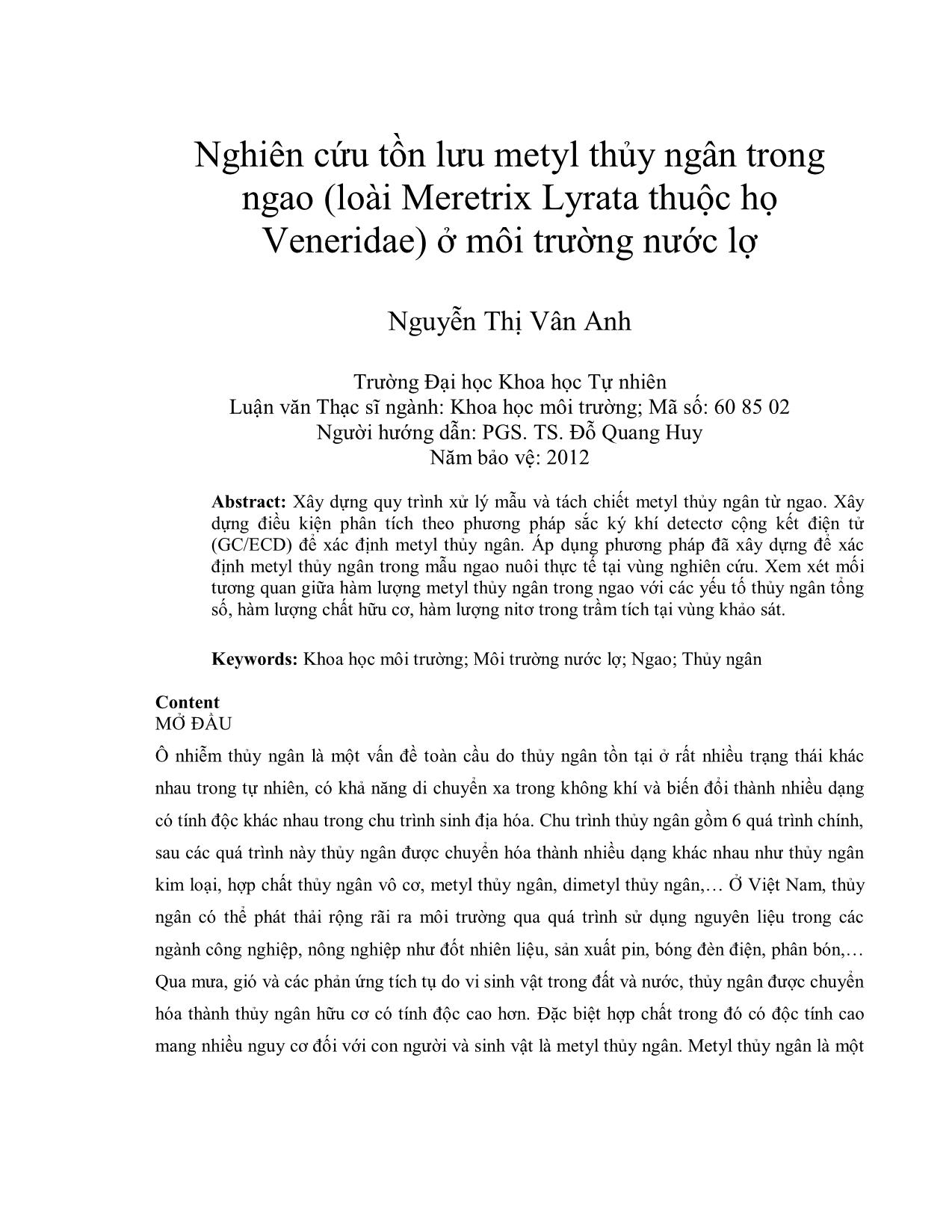 Nghiên cứu tồn lưu metyl thủy ngân trong ngao (loài Meretrix Lyrata thuộc họ Veneridae) ở môi trường nước lợ trang 1