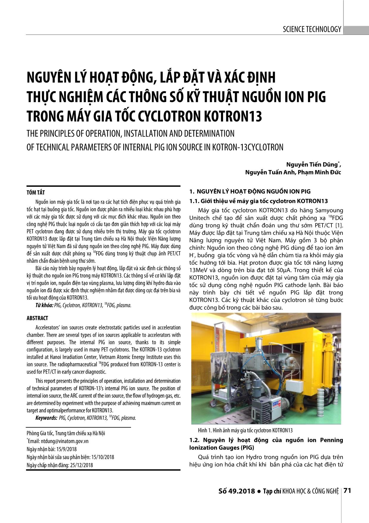 Nguyên lý hoạt động, lắp đặt và xác định thực nghiệm các thông số kỹ thuật nguồn ion pig trong máy gia tốc Cyclotron Kotron13 trang 1