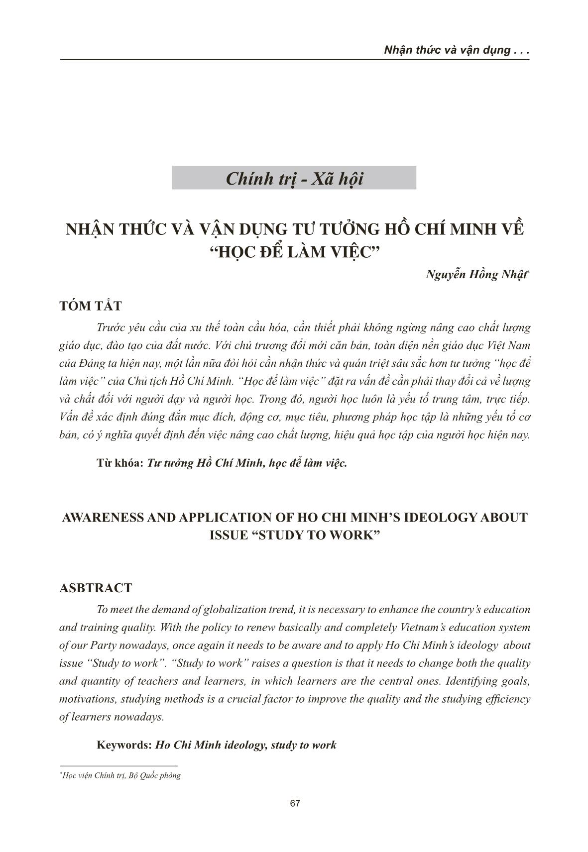 Nhận thức và vận dụng tư tưởng Hồ Chí Minh về “Học để làm việc” trang 1