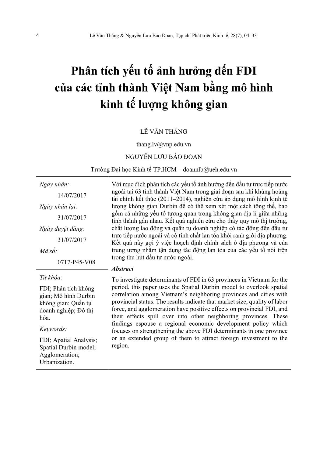 Phân tích yếu tố ảnh hưởng đến FDI của các tỉnh thành Việt Nam bằng mô hình kinh tế lượng không gian trang 1