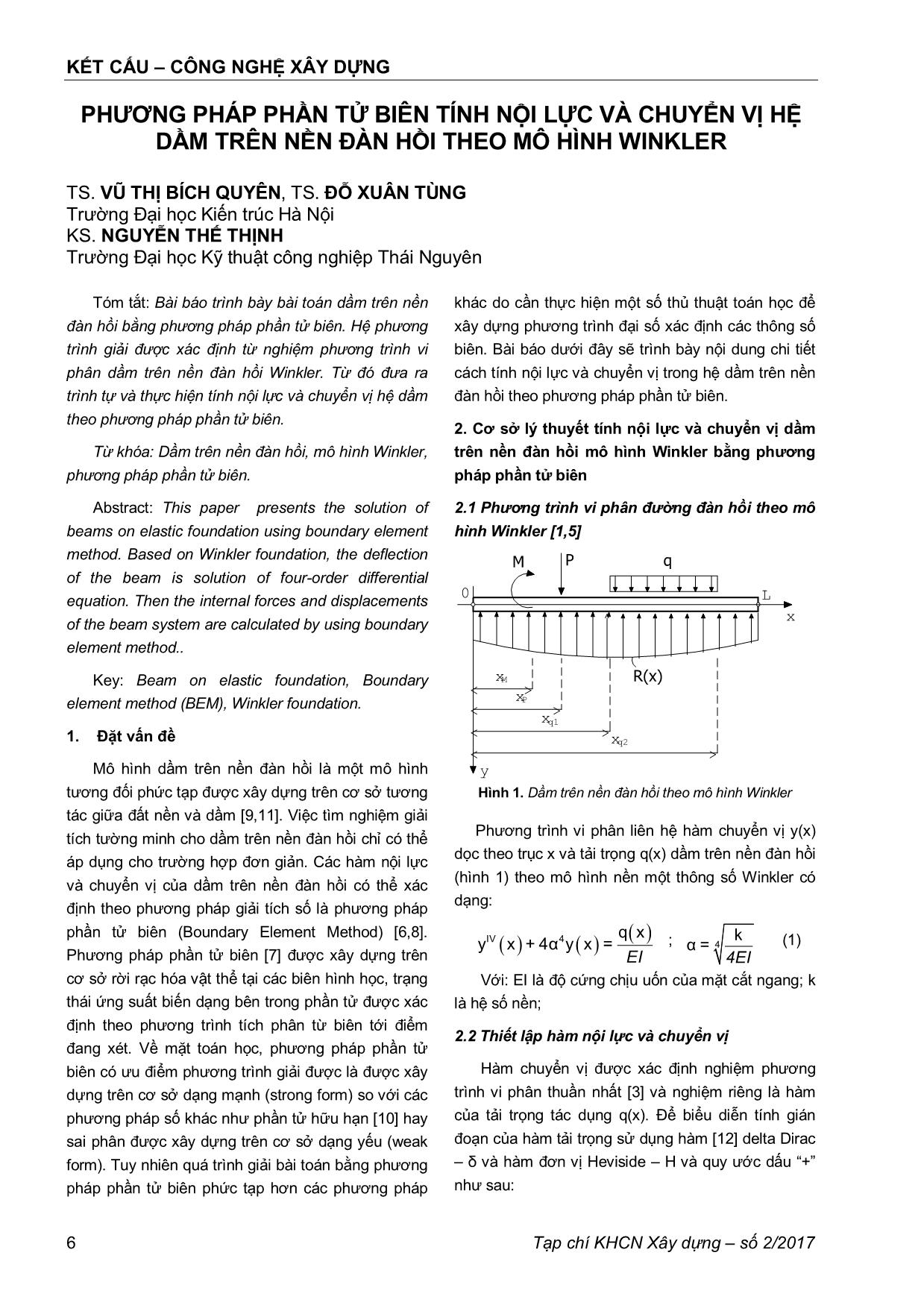 Phương pháp phần tử biên tính nội lực và chuyển vị hệ dầm trên nền đàn hồi theo mô hình Winkler trang 1
