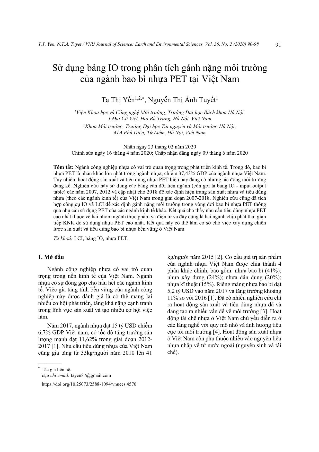 Sử dụng bảng IO trong phân tích gánh nặng môi trường của ngành bao bì nhựa PET tại Việt Nam trang 2