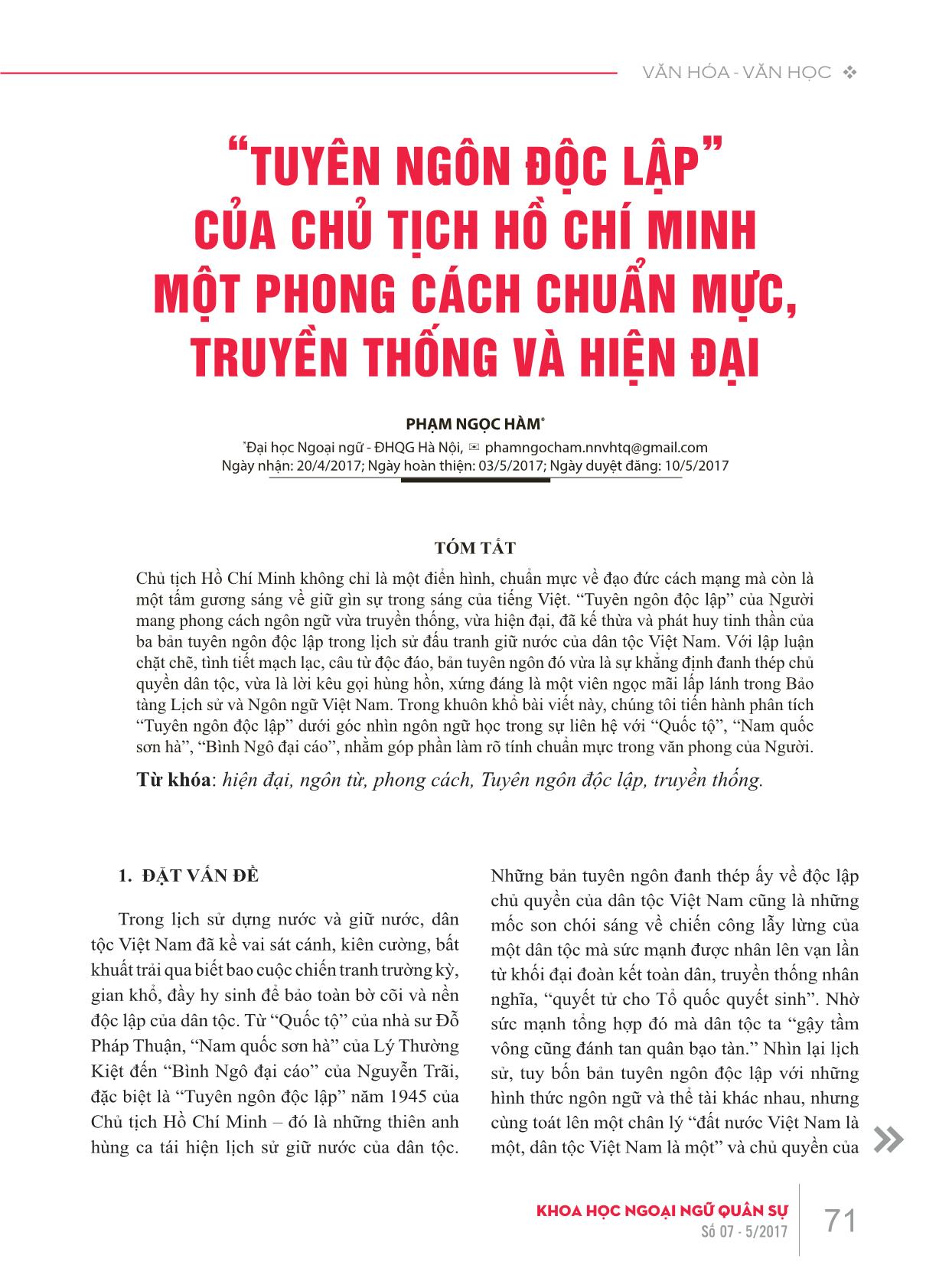 “Tuyên ngôn độc lập” của chủ tịch Hồ Chí Minh một phong cách chuẩn mực, truyền thống và hiện đại trang 1
