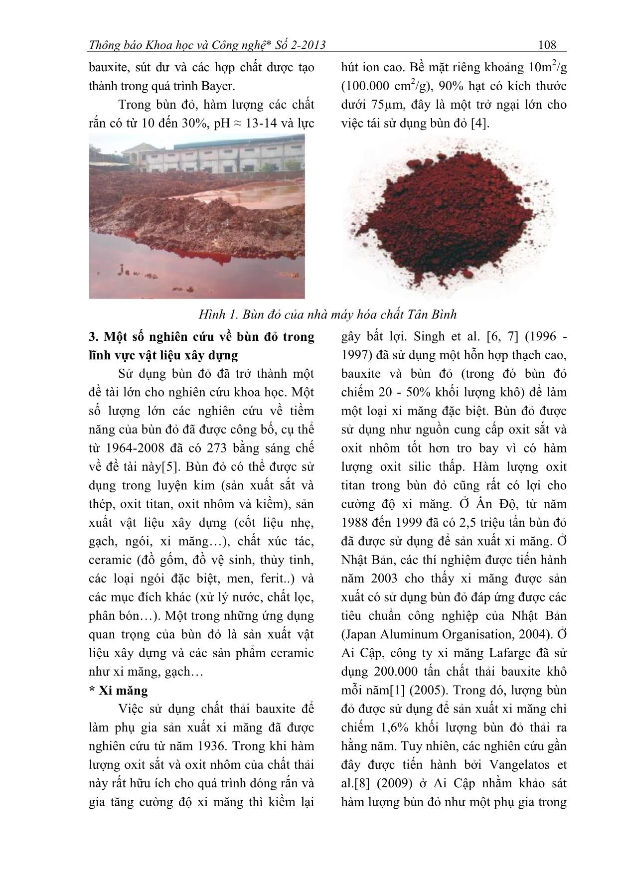 Ứng dụng của bã thải bùn đỏ từ quy trình sản xuất bột nhôm theo công nghệ Bayer trong sản xuất vật liệu xây dựng trang 2