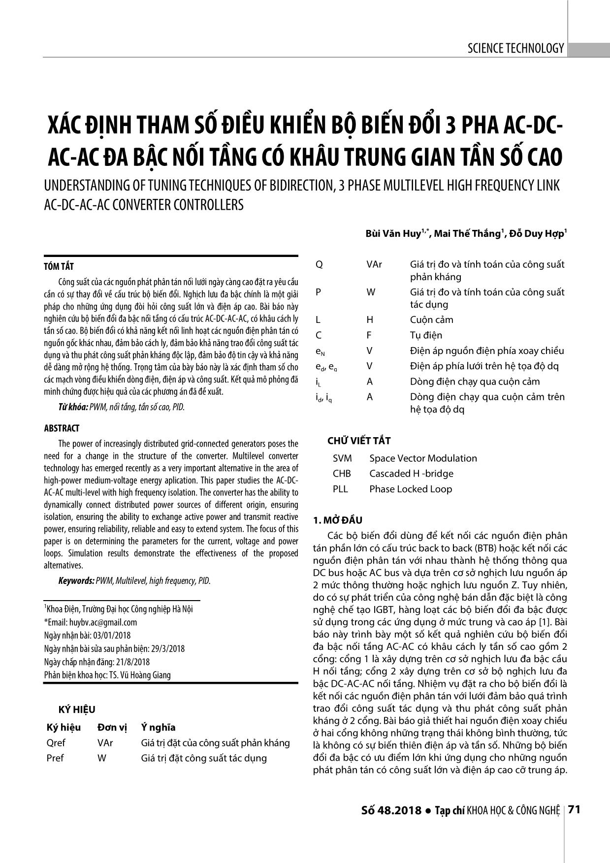 Xác định tham số điều khiển bộ biến đổi 3 pha AC-DCAC-AC  đa bậc nối tầng có khâu trung gian tần số cao trang 1