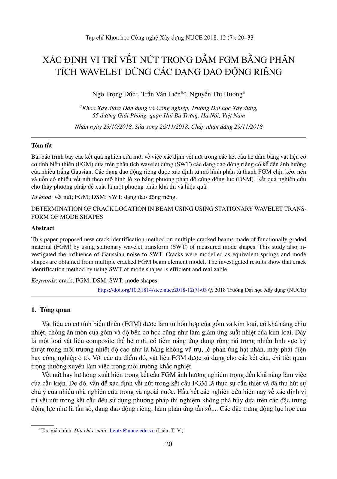 Xác định vị trí vết nứt trong dầm FGM bằng phân tích Wavelet dừng các dạng dao động riêng trang 1