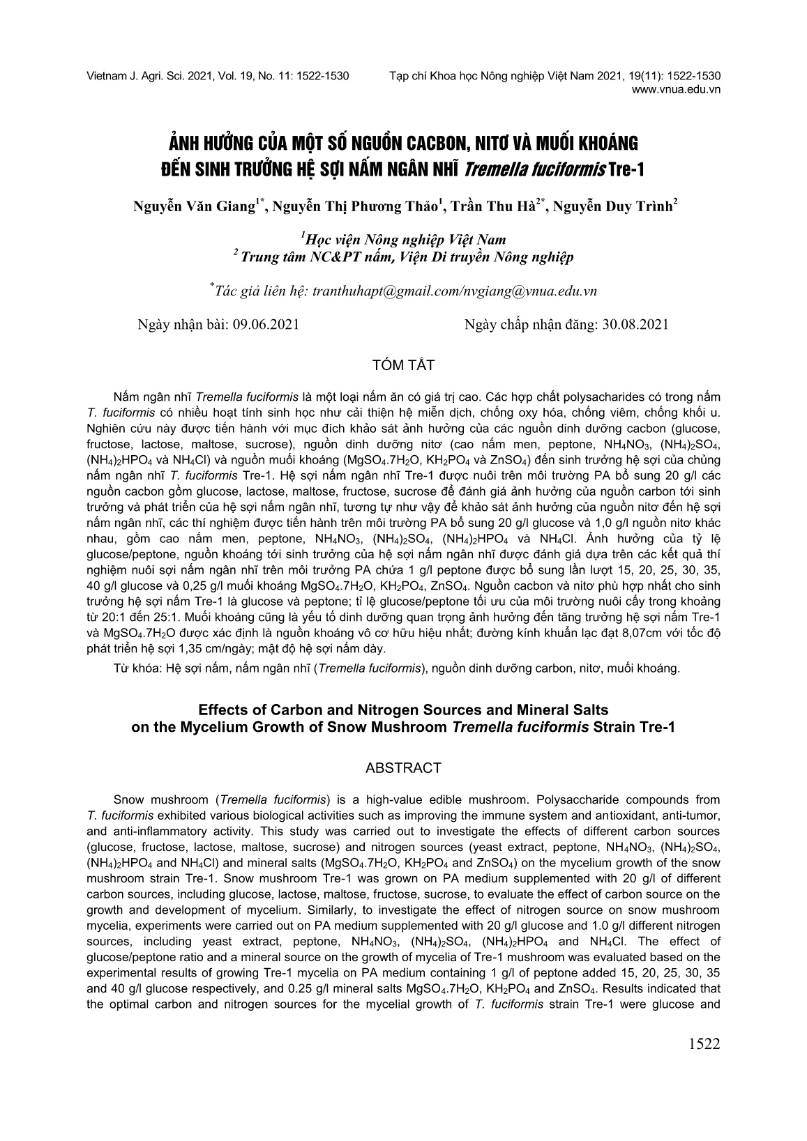 Ảnh hưởng của một số nguồn cacbon, nitơ và muối khoáng đến sinh trưởng hệ sợi nấm ngân nhĩ Tremella Fuciformis Tre-1 trang 1