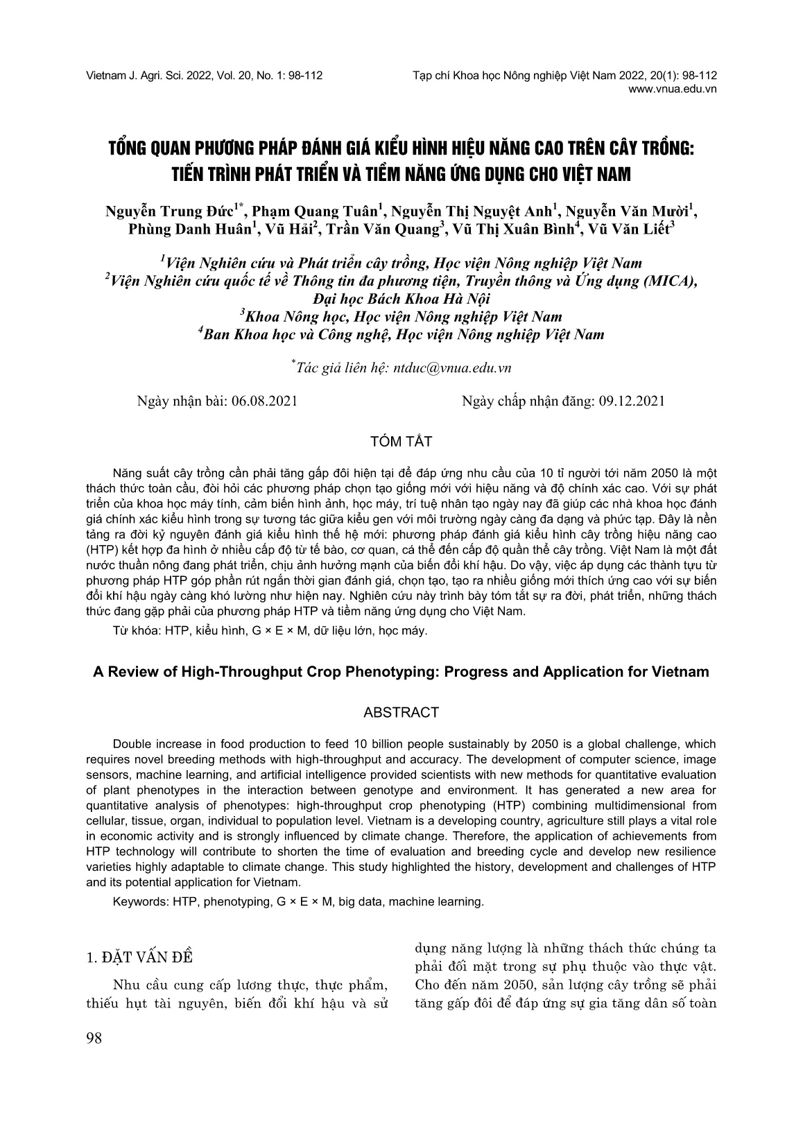 Tổng quan phương pháp đánh giá kiểu hình hiệu năng cao trên cây trồng: Tiến trình phát triển và tiềm năng ứng dụng cho Việt Nam trang 1