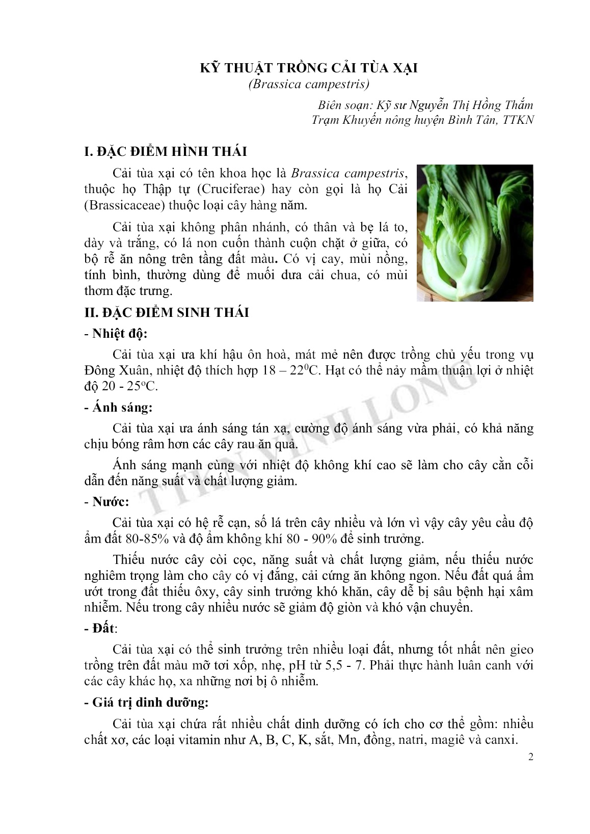 Tài liệu tập huấn khuyến nông Kỹ thuật trồng cải tùa xại trang 2