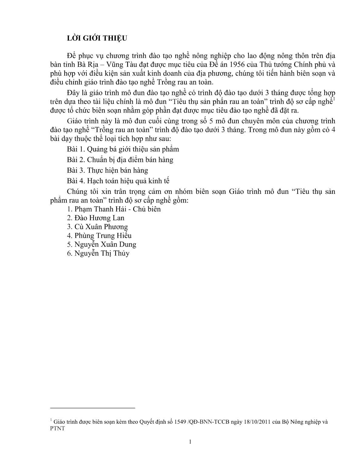 Giáo trình mô đun Tiêu thụ sản phẩn rau an toàn (Trình độ: Đào tạo dưới 03 tháng) trang 2