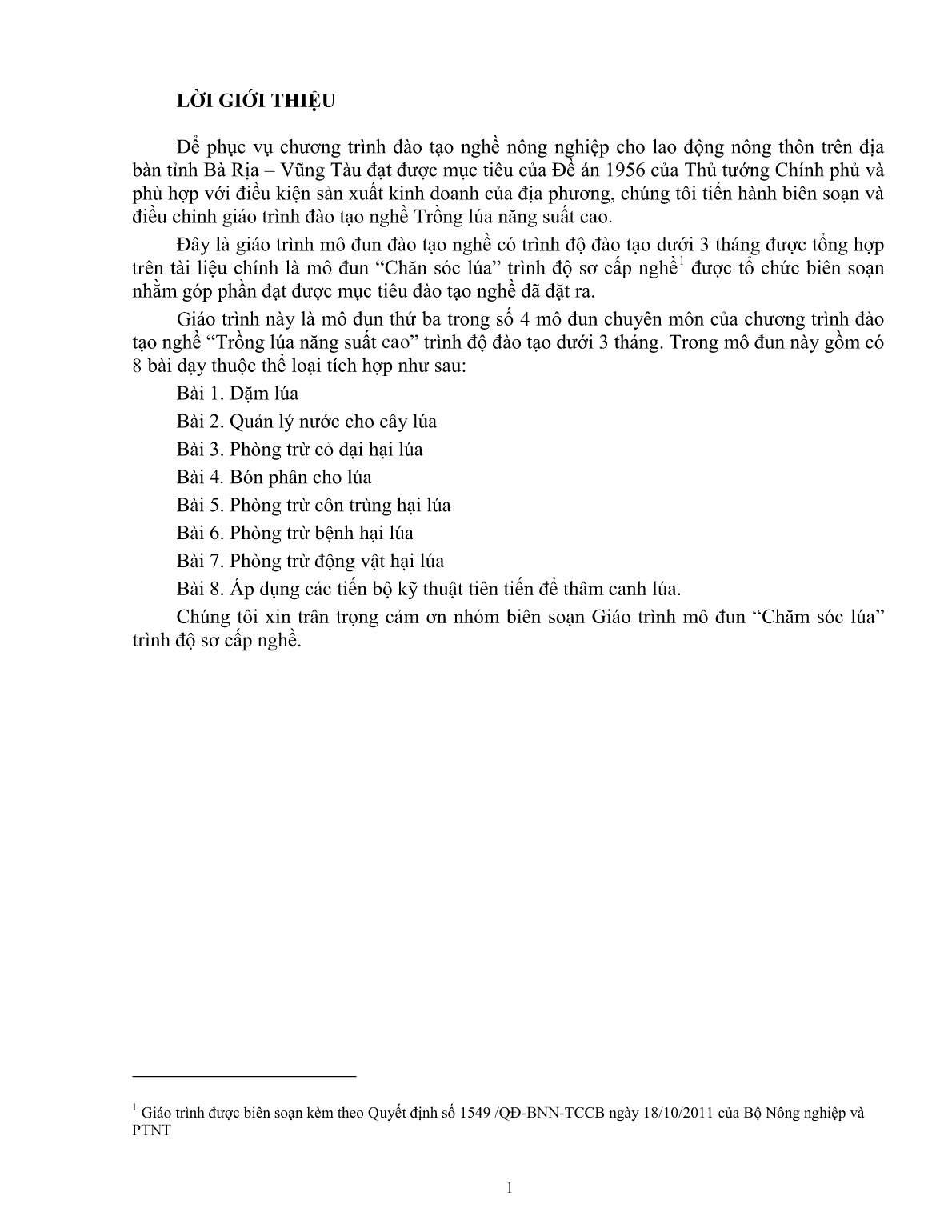Giáo trình mô đun Chăm sóc lúa (Trình độ: Đào tạo dưới 03 tháng) trang 2