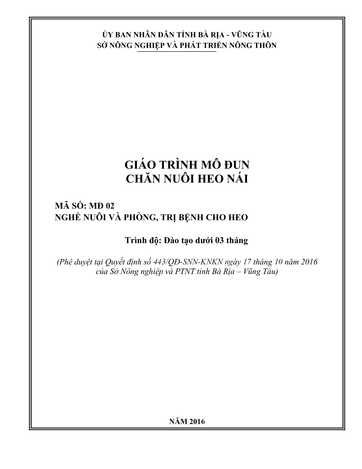 Giáo trình mô đun Chăn nuôi heo nái (Trình độ: Đào tạo dưới 3 tháng) trang 1