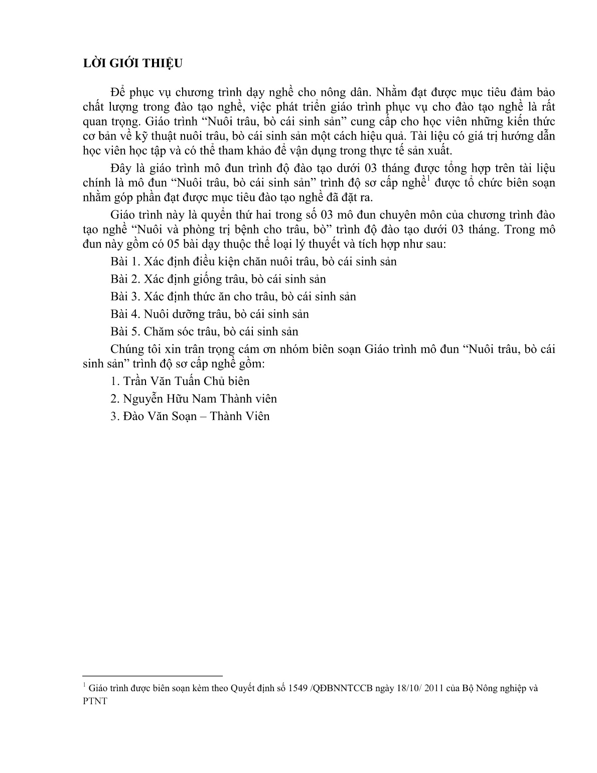 Giáo trình mô đun Nuôi trâu, bò cái sinh sản (Trình độ: Đào tạo dưới 3 tháng) trang 2