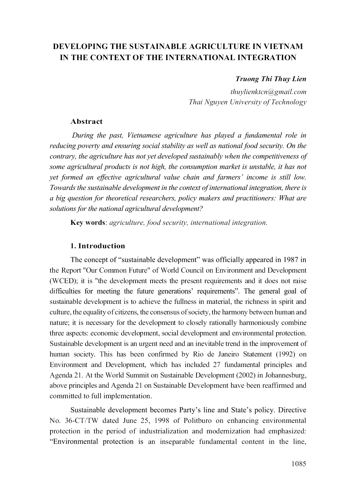 Developing the sustainable agriculture in vietnam in the context of the international integration trang 1