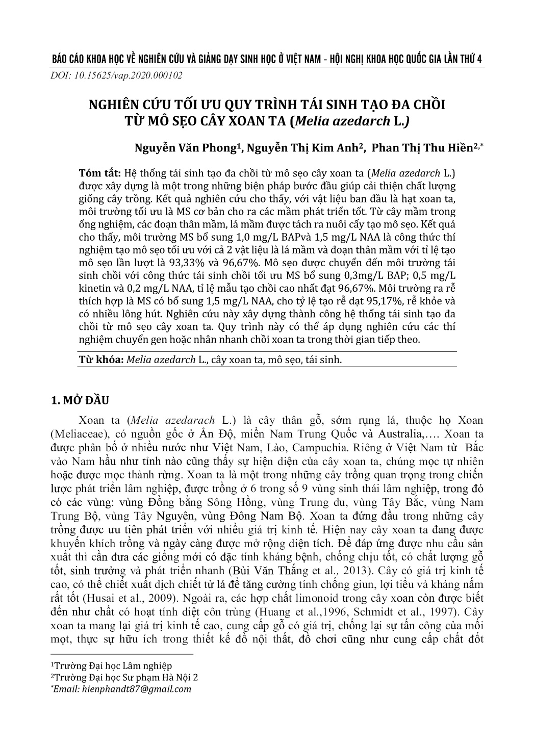 Nghiên cứu tối ưu quy trình tái sinh tạo đa chồi từ mô sẹo cây xoan ta (Melia azedarch L.) trang 1