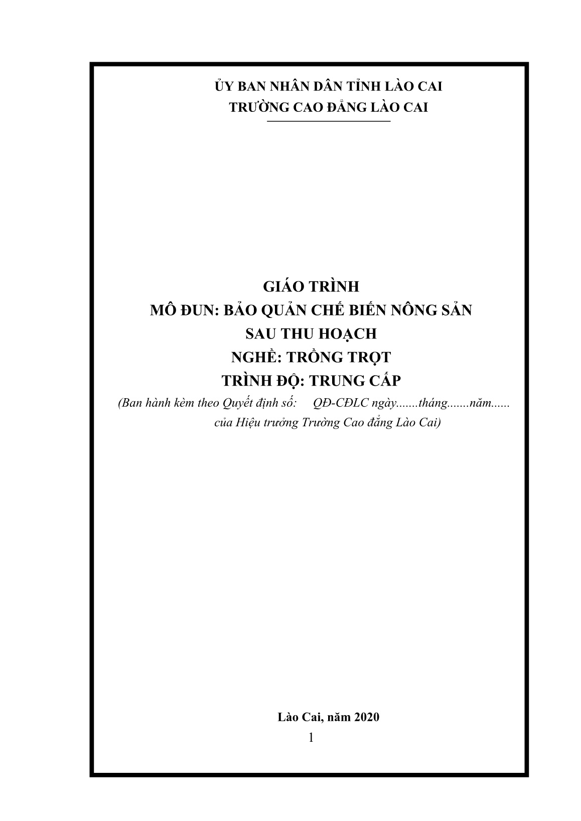 Giáo trình mô đun Bảo quản chế biến nông sản (Trình độ: Trung cấp) trang 1